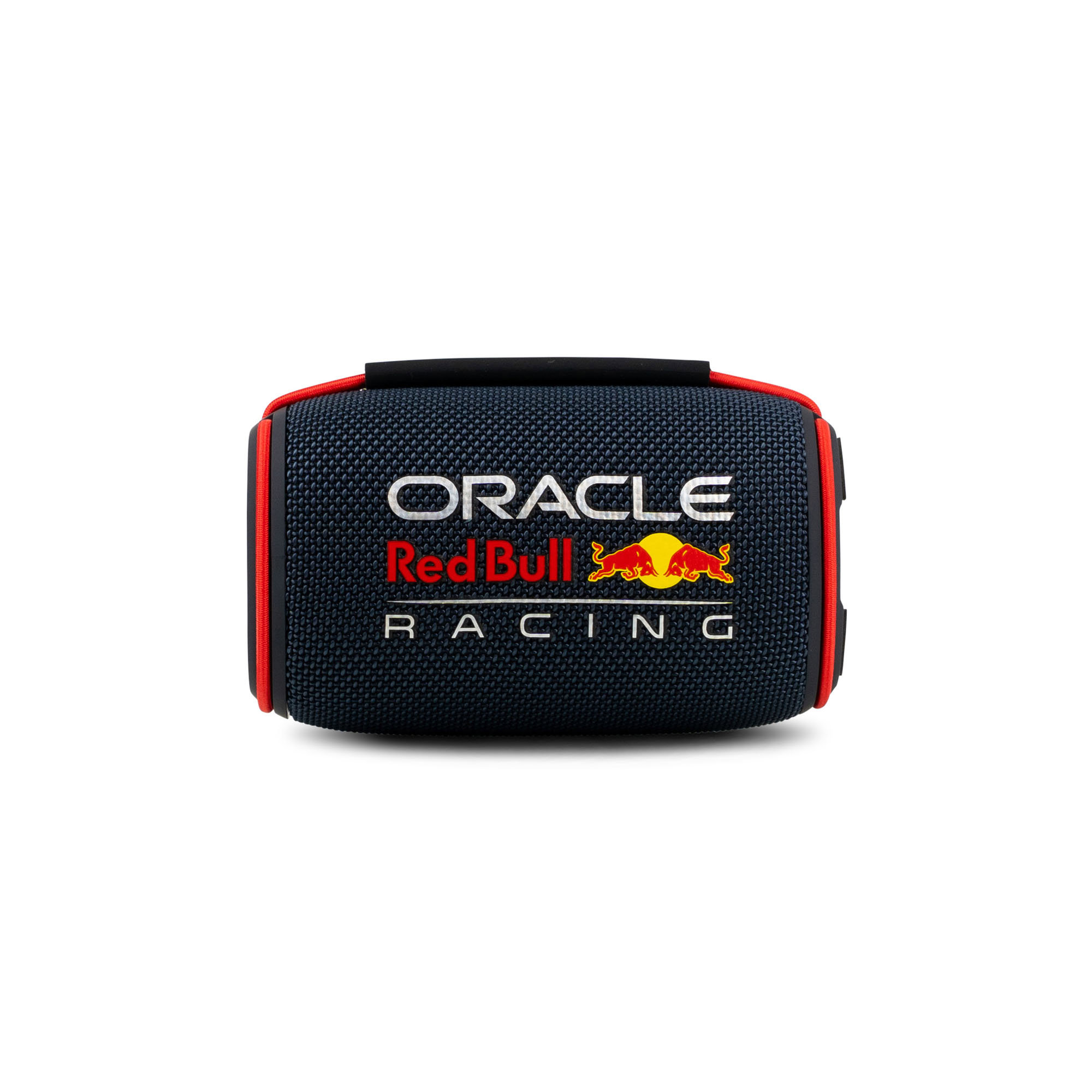 Un altoparlante blu scuro con il logo Oracle Red Bull Racing. Ha dettagli rossi e un manico nero su sfondo bianco.