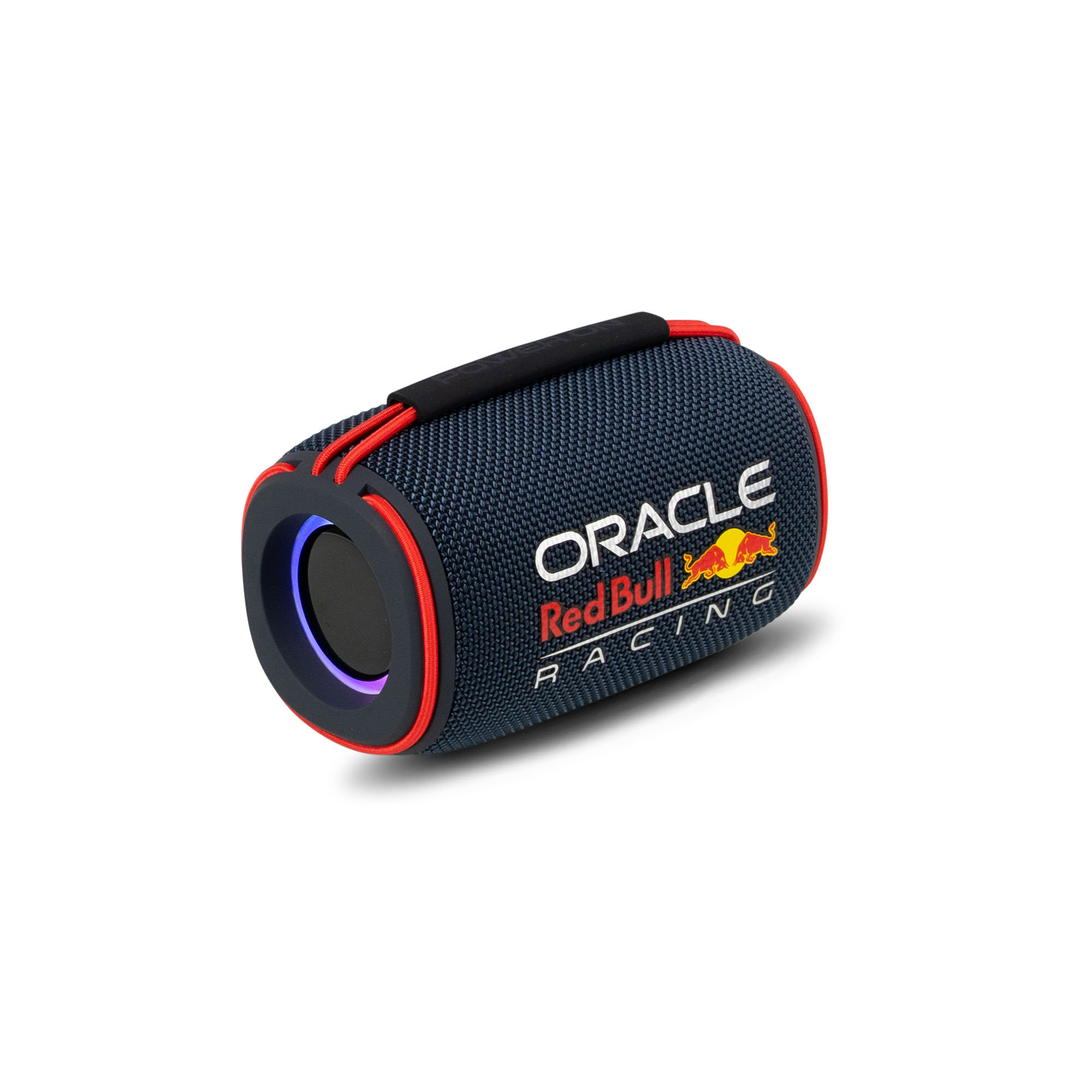Un altoparlante cilindrico con tessuto blu, dettagli rossi e il logo Oracle Red Bull Racing.