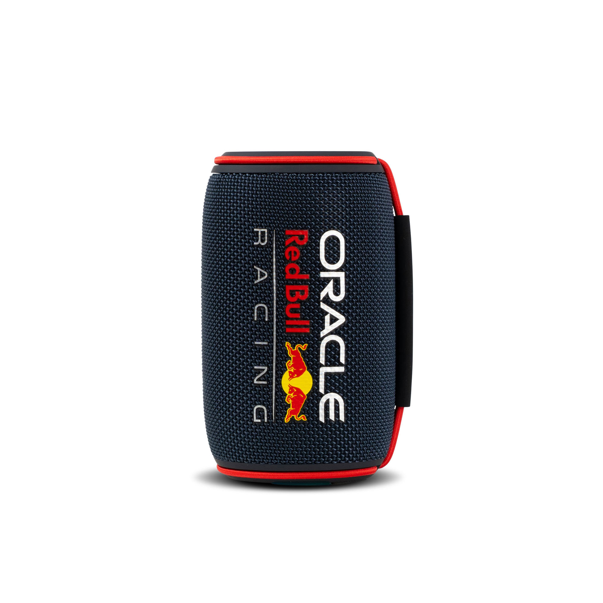 Un altoparlante cilindrico con marchio Red Bull Racing e Oracle, blu navy con dettagli rossi. Cinturino nero laterale.