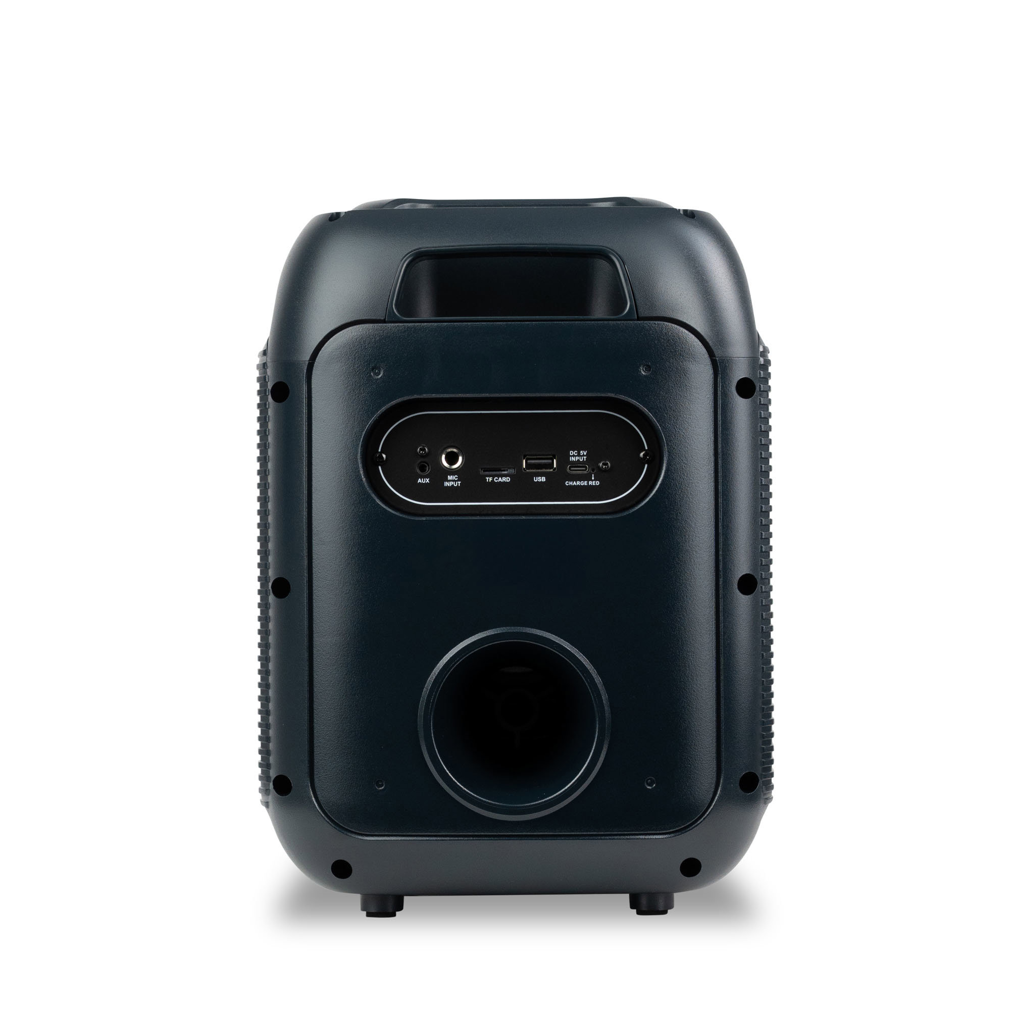 Un altoparlante blu scuro con maniglia, ampia apertura circolare e porte per AUX, microfono, USB e scheda TF.