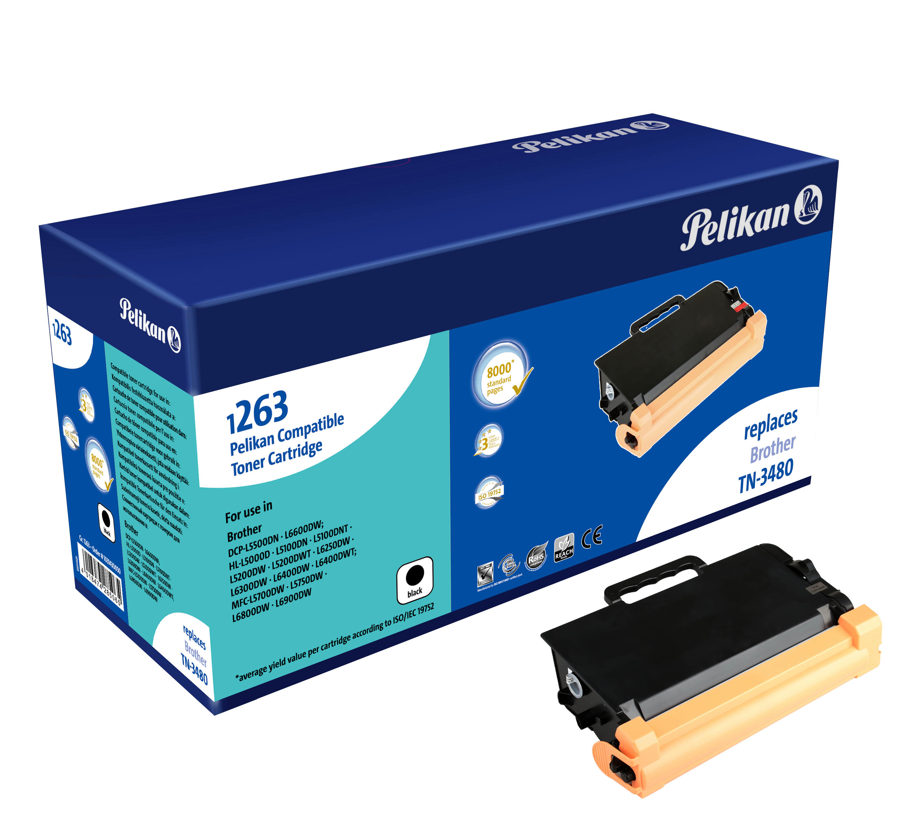 Scatola con cartuccia toner, marchio Pelikan. È nera e arancione. La scatola ha testo e loghi.