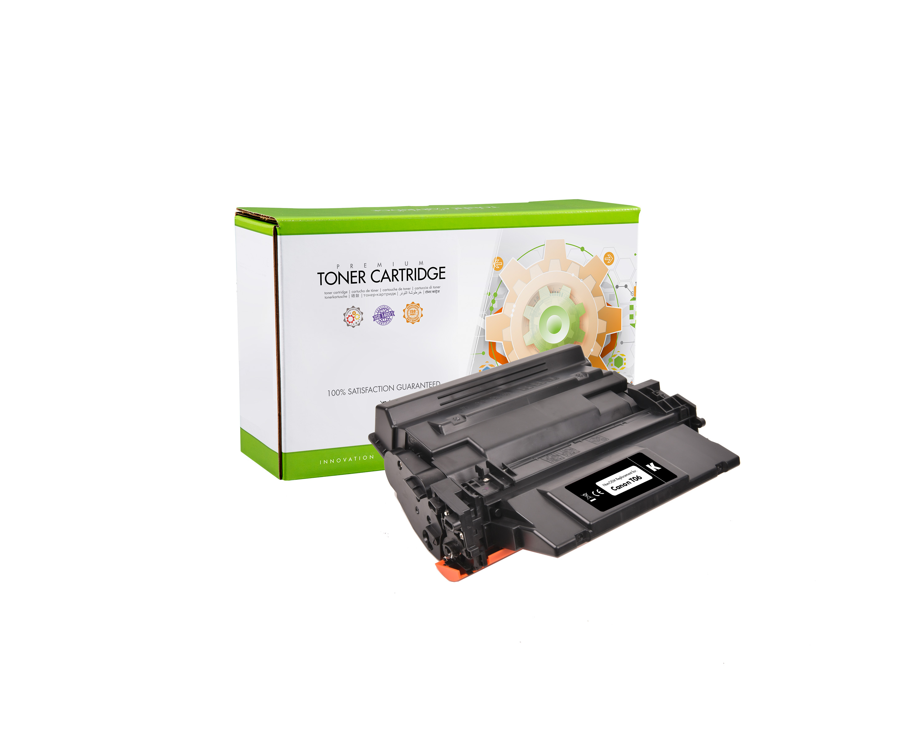 Una cartuccia toner è accanto alla sua scatola. La scatola è bianca e verde, la cartuccia è nera.