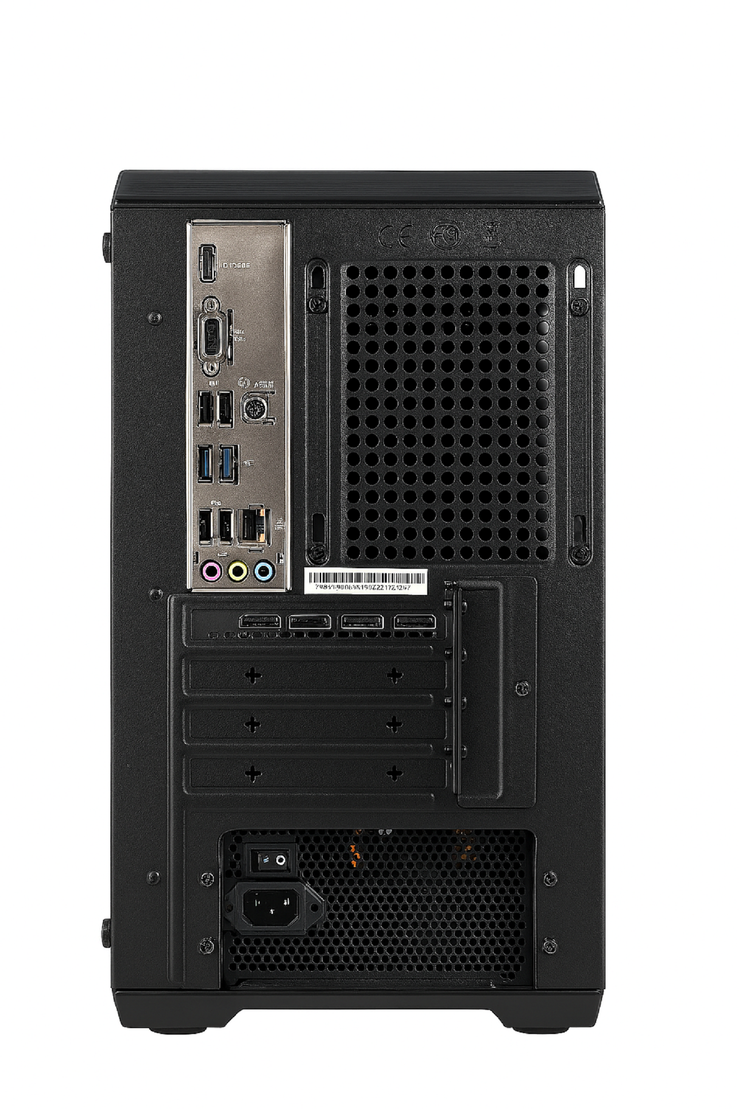 Tył czarnej obudowy komputera. Widoczne porty: USB, HDMI, gniazda audio, wejście zasilania i kratki wentylacyjne. Naklejka z numerem seryjnym.