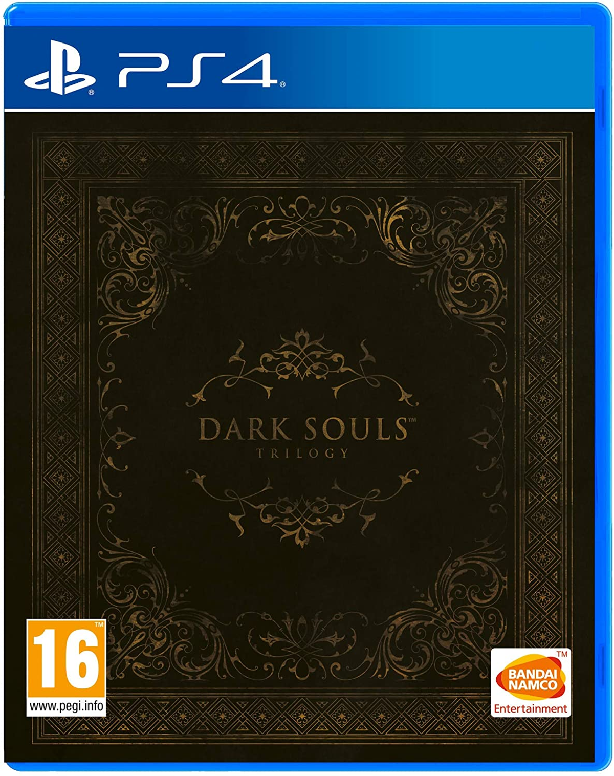 Pudełko gry PS4 dla Dark Souls Trilogy. Ciemnobrązowa okładka ze złotym, ozdobnym wzorem i tytułem gry. Ocena PEGI 16.