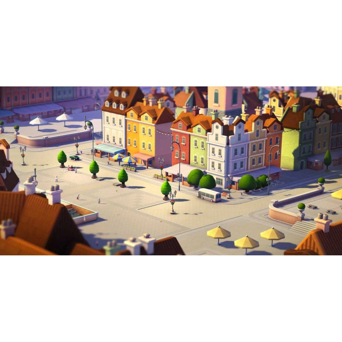 Scena z kreskówkowego miasta z kolorowymi budynkami, drzewami, autobusem i ludźmi. Niebo jest czyste, są parasole.