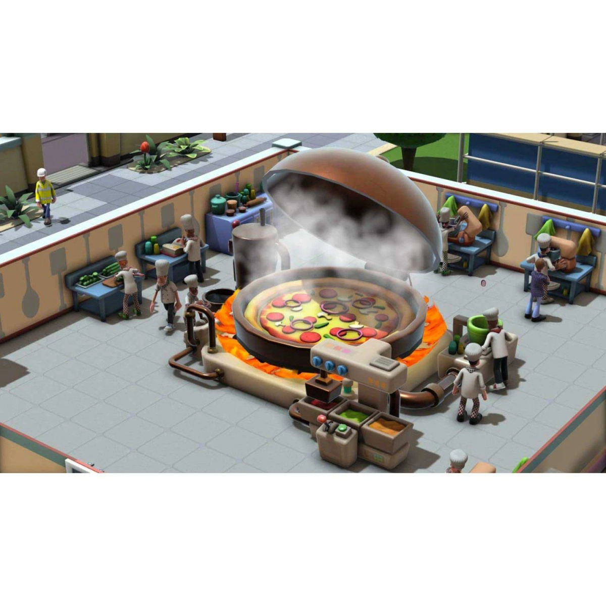 Duża pizza jest pieczona w gigantycznym piecu. Kilku szefów kuchni w białych mundurach pracuje wokół pizzy. Widoczne są kolorowe składniki.