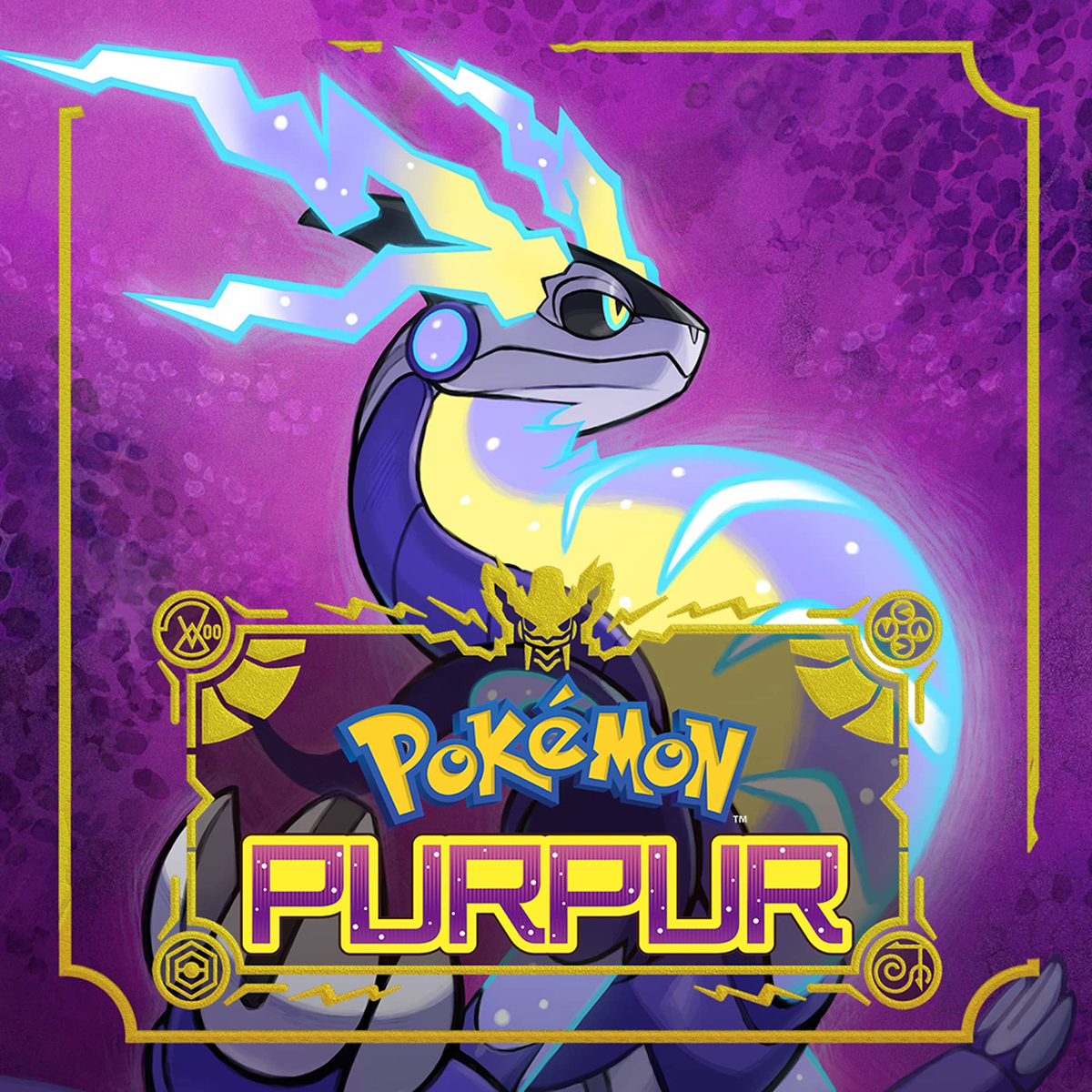 Illustrazione di una creatura viola e blu simile a un drago con accenti di fulmini, il logo Pokémon Purpur e uno sfondo viola.