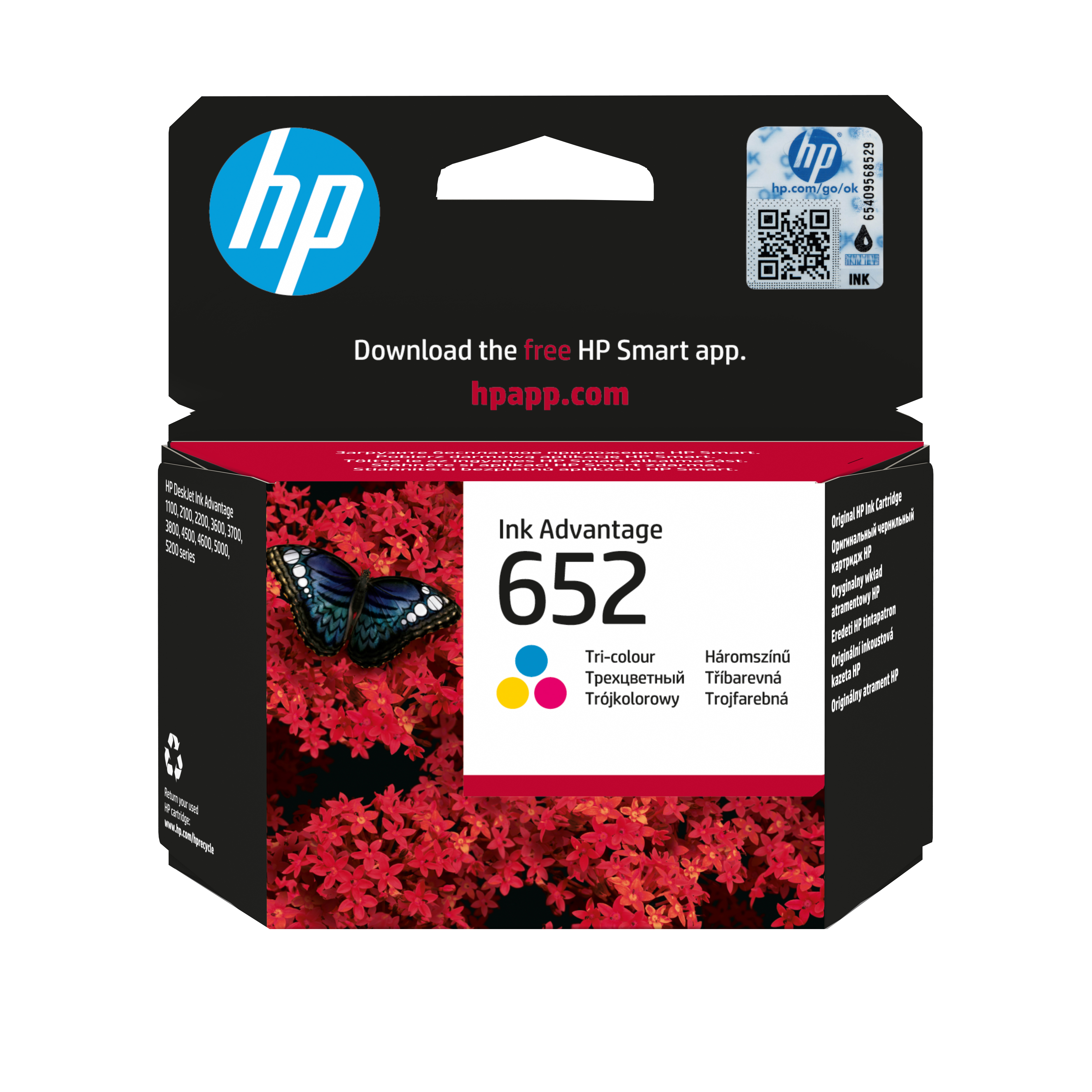 Een HP-inktcartridge doos. Het heeft een HP-logo, een vlinder en rode bloemen. De tekst luidt 'Ink Advantage 652'.