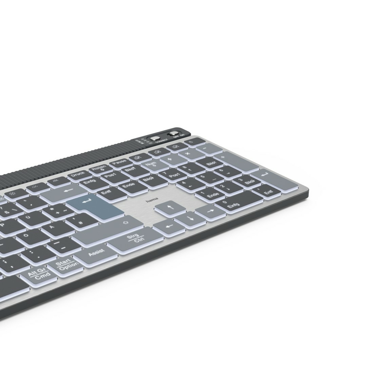 Un teclado inalámbrico plateado y negro con varias teclas de función. La marca 'hama' es visible. El fondo es blanco.