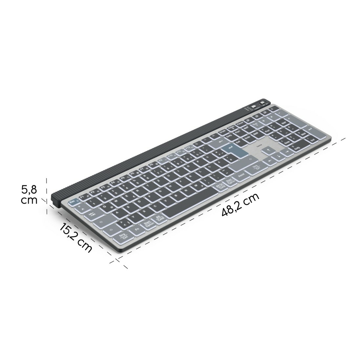 Teclado inalámbrico con dimensiones. Es plateado con borde superior y teclas negras. Las medidas son 48,2 cm, 15,2 cm y 5,8 cm.