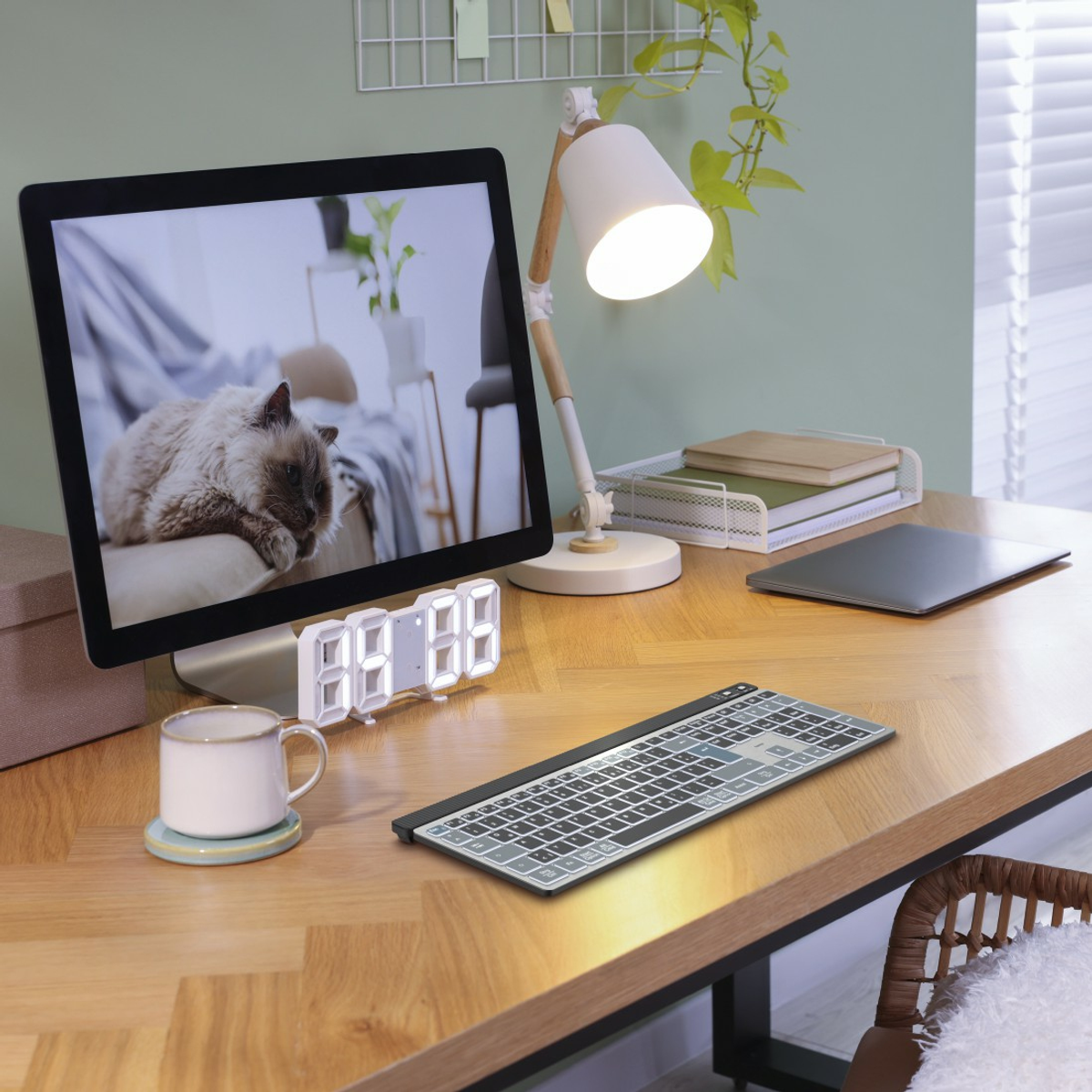 Escritorio con monitor con gato, lámpara, teclado, reloj y taza de café.