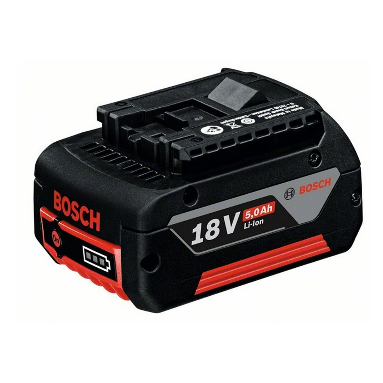 Siyah ve kırmızı bir Bosch 18V Li-ion pili. Güç göstergesi ve Bosch logosu var.