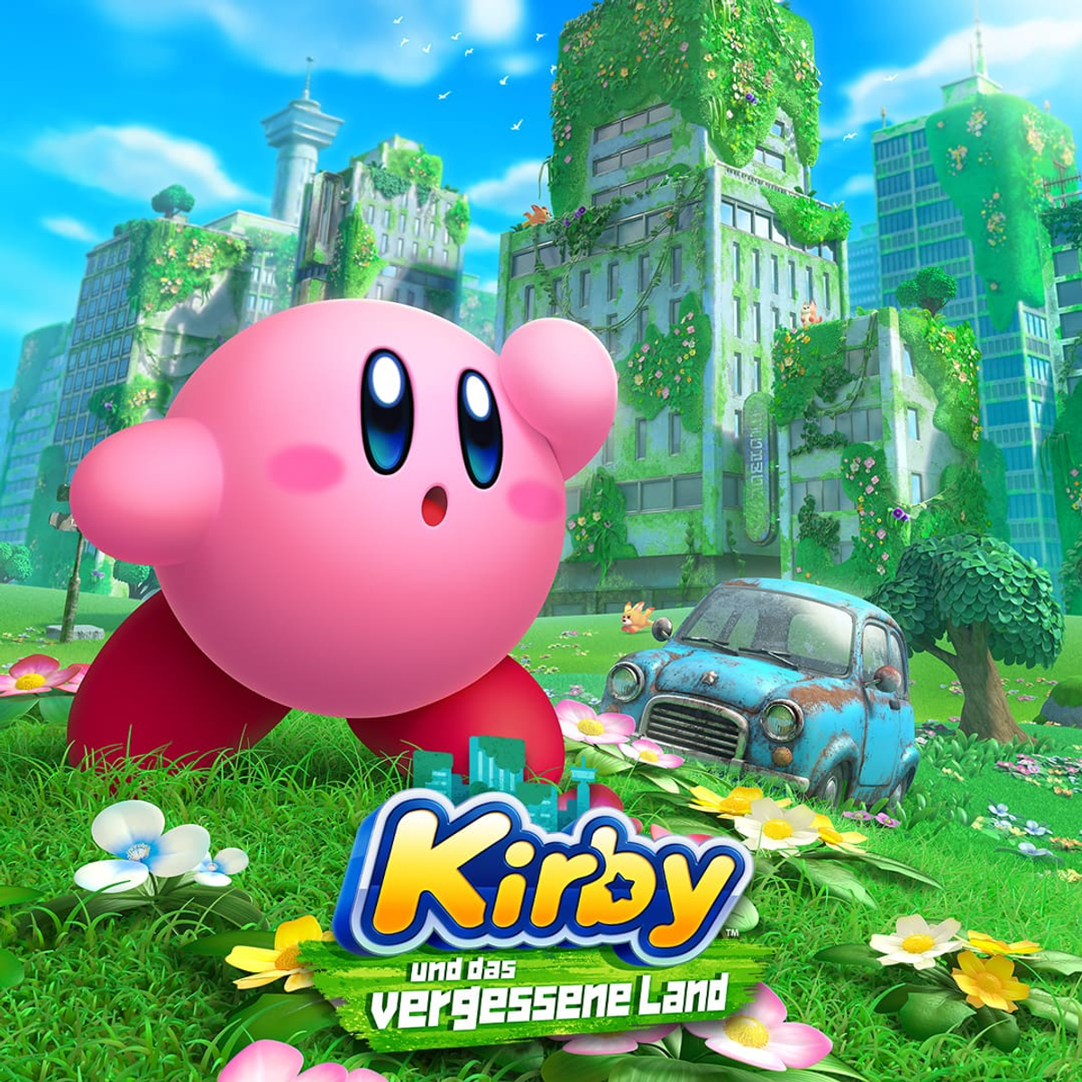 Kirby rosa en un campo verde con flores, un coche azul viejo y edificios cubiertos de plantas. El logo "Kirby und das vergessene Land".
