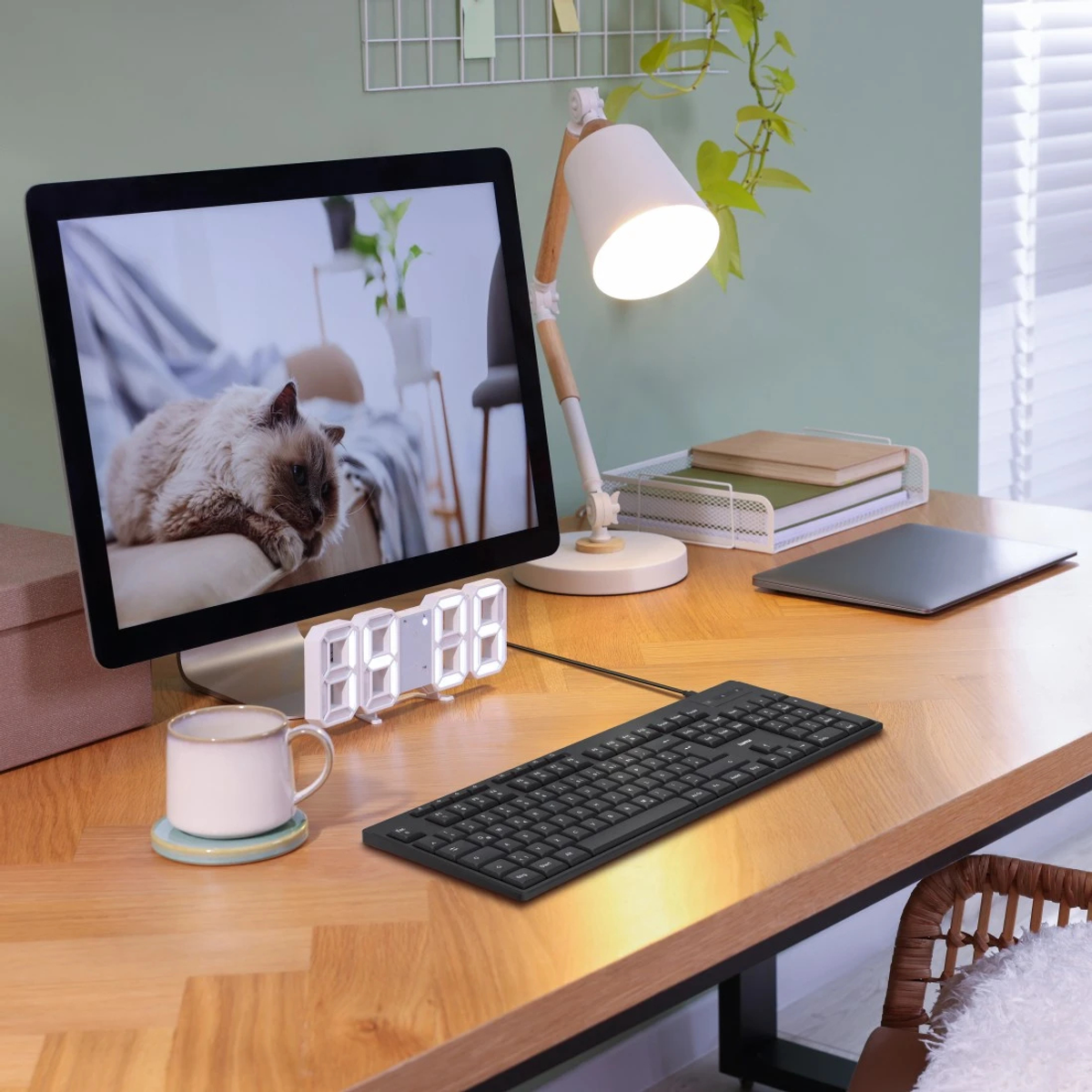 Uno spazio di lavoro con computer, gatto, tastiera, lampada, orologio, tazza, libri e laptop su una scrivania di legno.