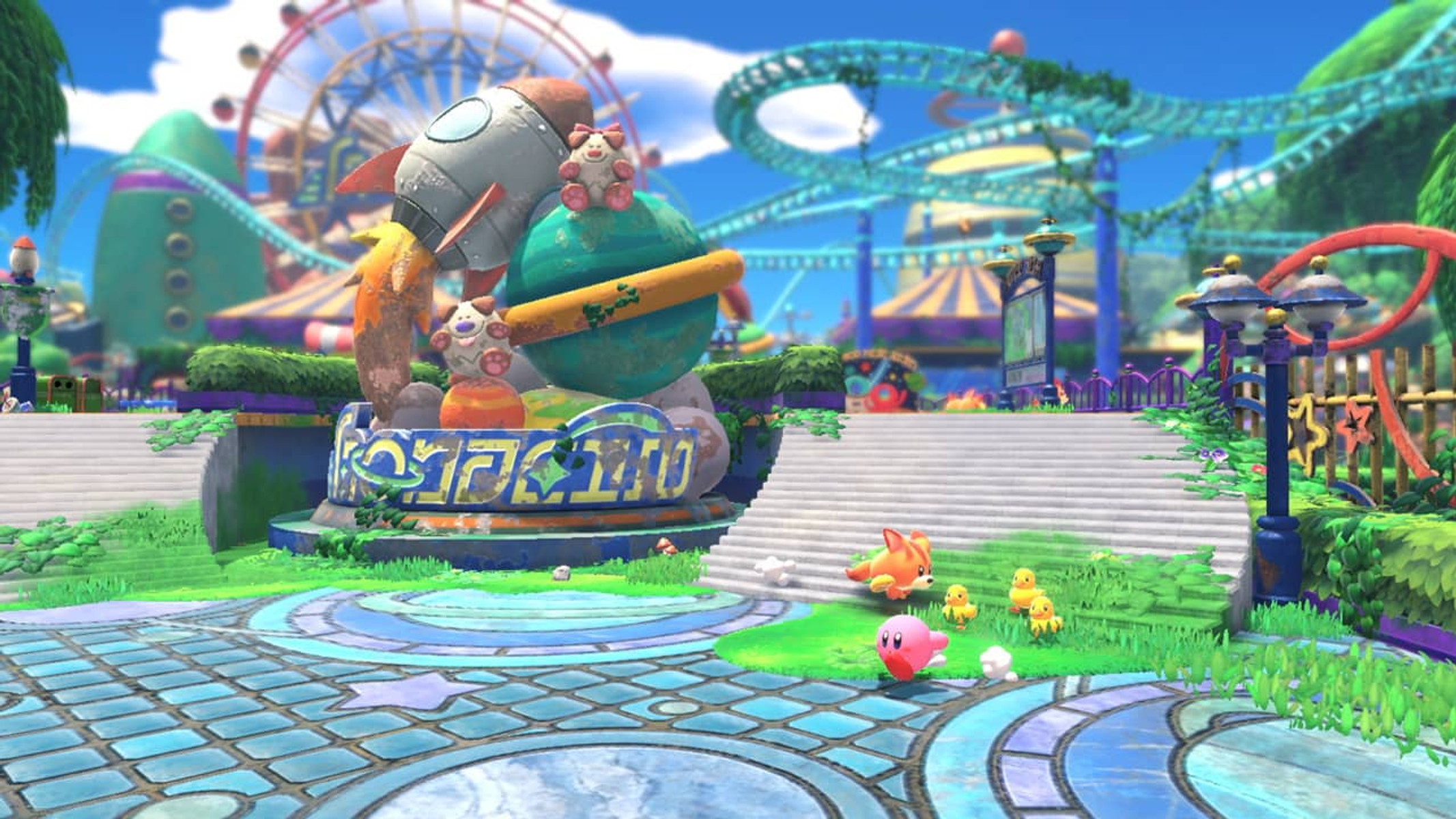 Una escena colorida de parque de atracciones con un cohete, planeta y personajes. Montaña rusa, noria y Kirby son visibles.
