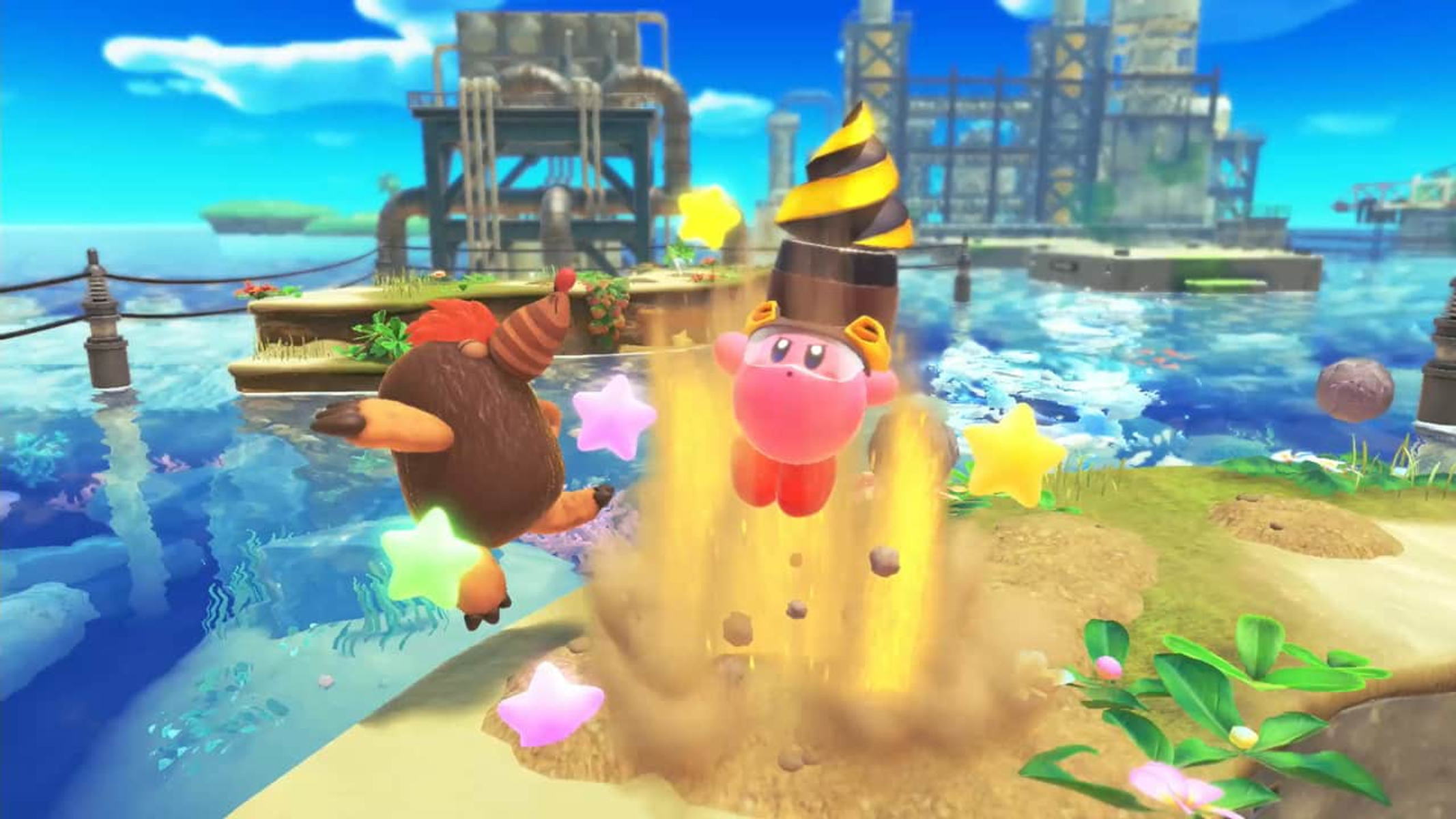 Personaje de Kirby con sombrero de barril, personaje marrón y estrellas en una escena rodeada de agua con edificios industriales.