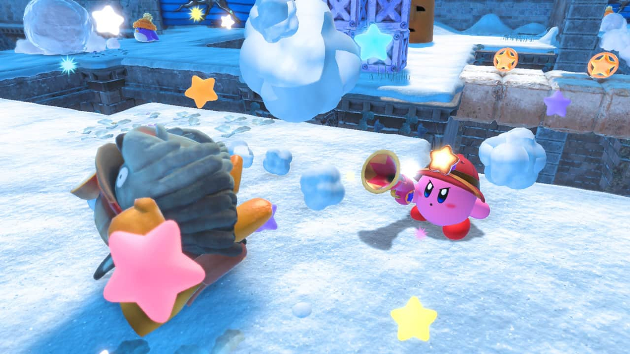 Un personaje rosa con un sombrero de estrella sopla una bocina a una criatura grande en un paisaje nevado con estrellas y hielo.