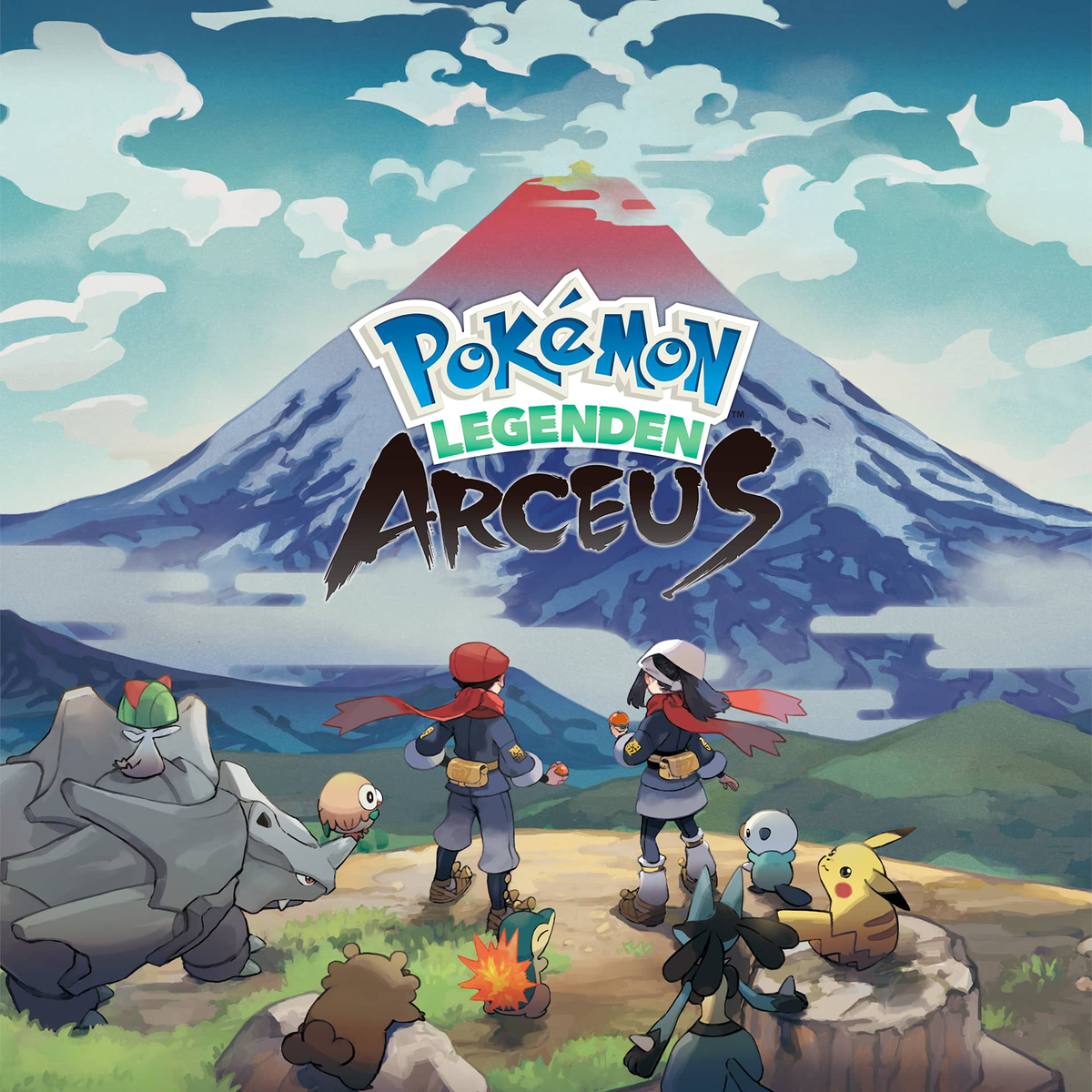 Ilustración de Pokémon Legends: Arceus. Dos figuras frente a una montaña. Varios Pokémon los rodean, incluyendo Pikachu y Lucario.