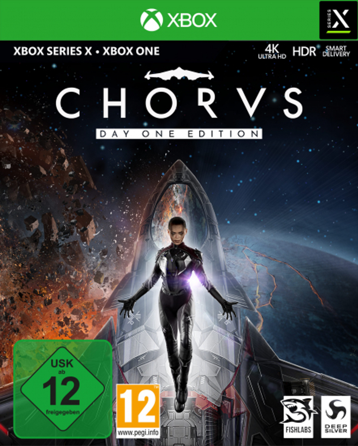 Spielecover: Eine Frau in einem schwarzen Anzug steht vor einem Raumschiff. Der Titel 'Chorus' steht oben. Xbox-Logo und Altersfreigaben sind sichtbar.