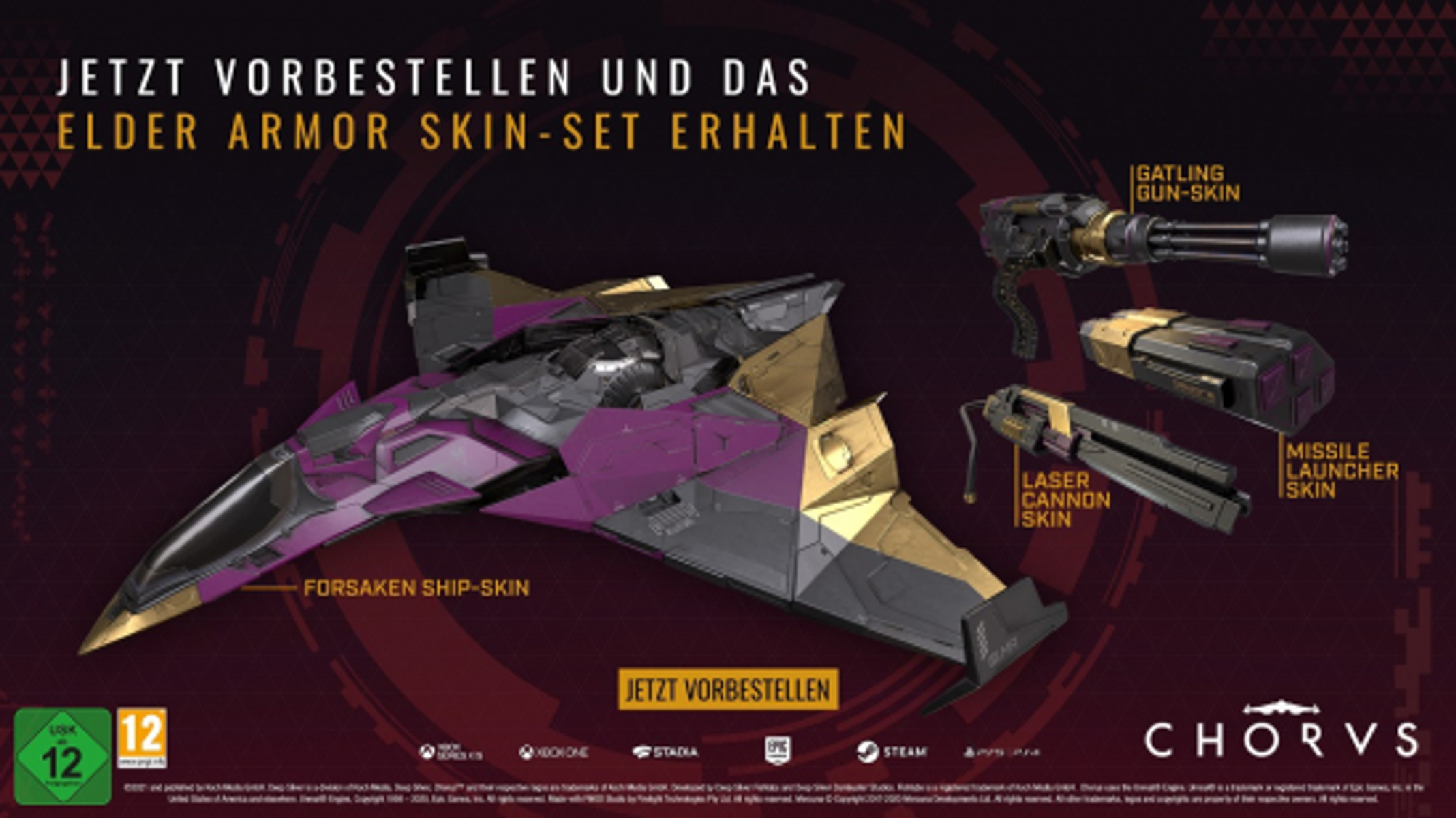 Werbebild für das Spiel mit einem lila-goldenen Raumschiff, Gatling-Gewehr, Laserkanone und Raketenwerfer-Skins.