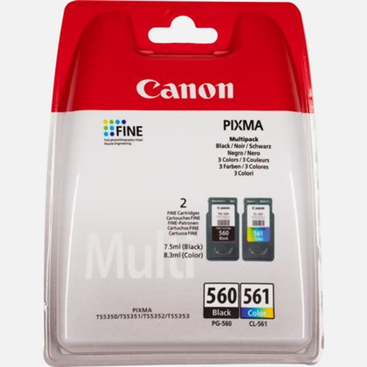 Wkłady atramentowe Canon Pixma multi-pack. Widoczne czarne i kolorowe wkłady, ze szczegółami objętości. Opakowanie jest czerwono-białe.