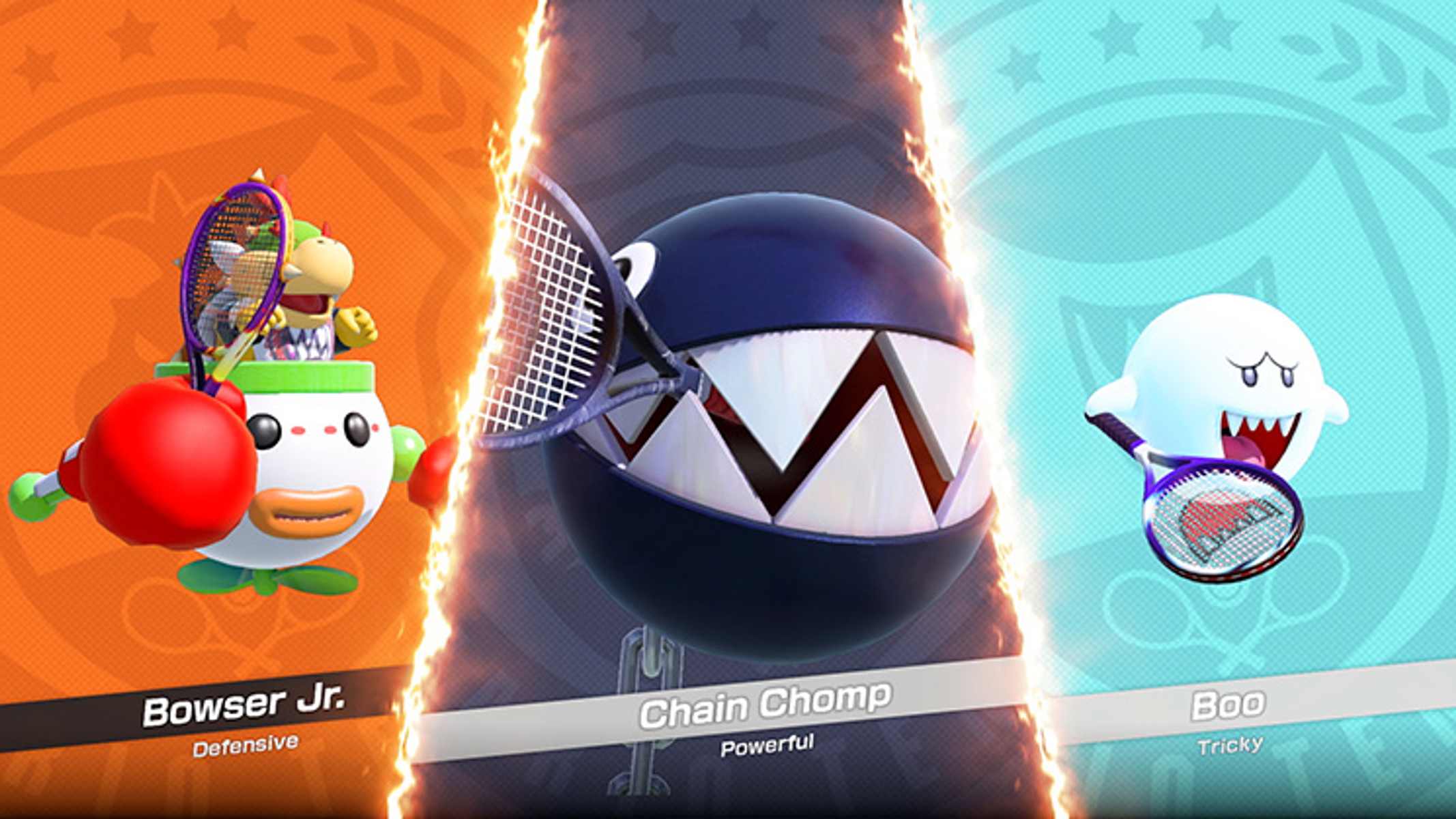 Obraz Mario Tennis Aces z Bowserem Jr., Chain Chomp i Boo, każdy z rakietami tenisowymi, w dynamicznej pozie.