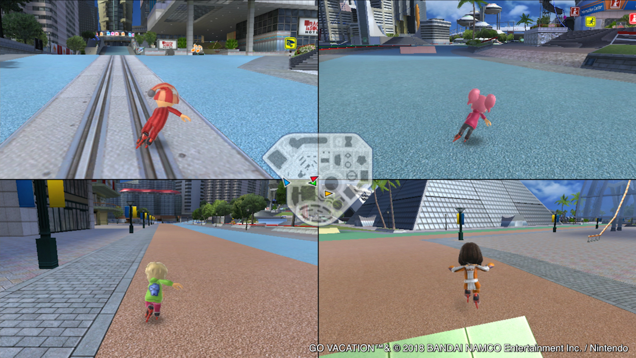 Eine Videospielszene mit vier Panels. Charaktere in Rot, Rosa, Grün und Orange fahren auf einer Stadtlandschaft Rollschuh.