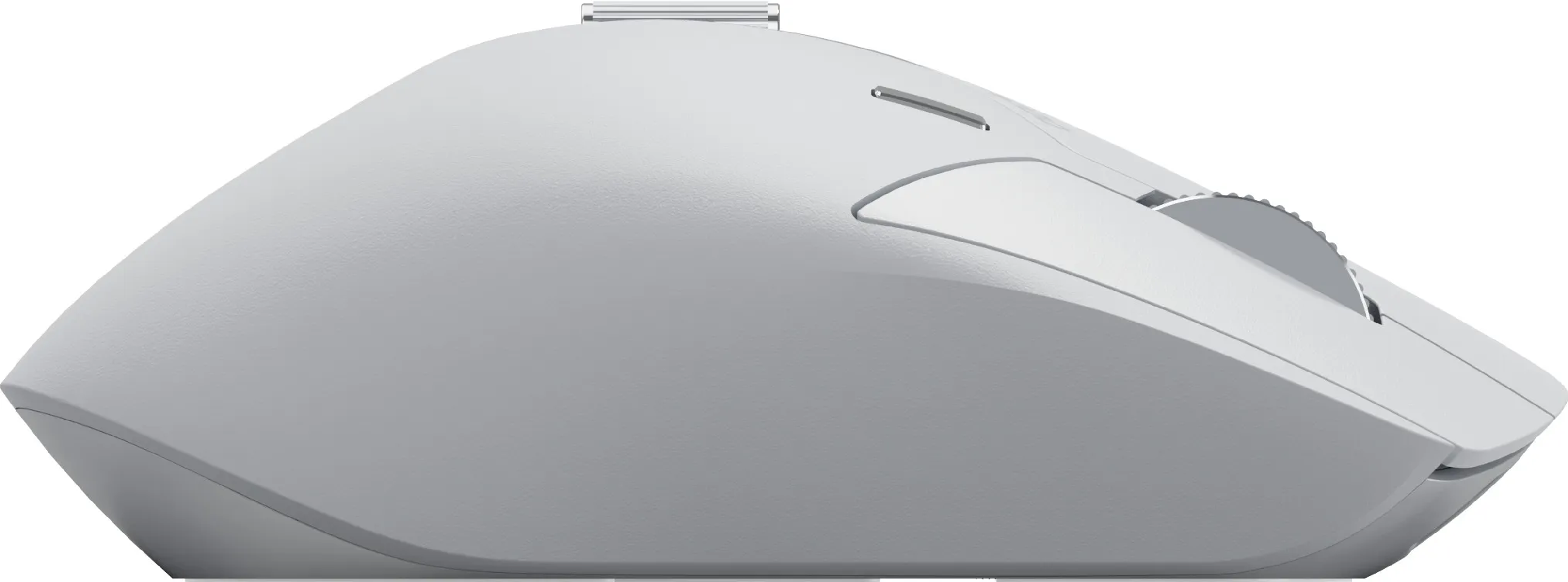 Eine weiße Computermaus. Sie hat ein Scrollrad, Tasten und ein schlankes, ergonomisches Design. Die Maus befindet sich auf weißem Hintergrund.