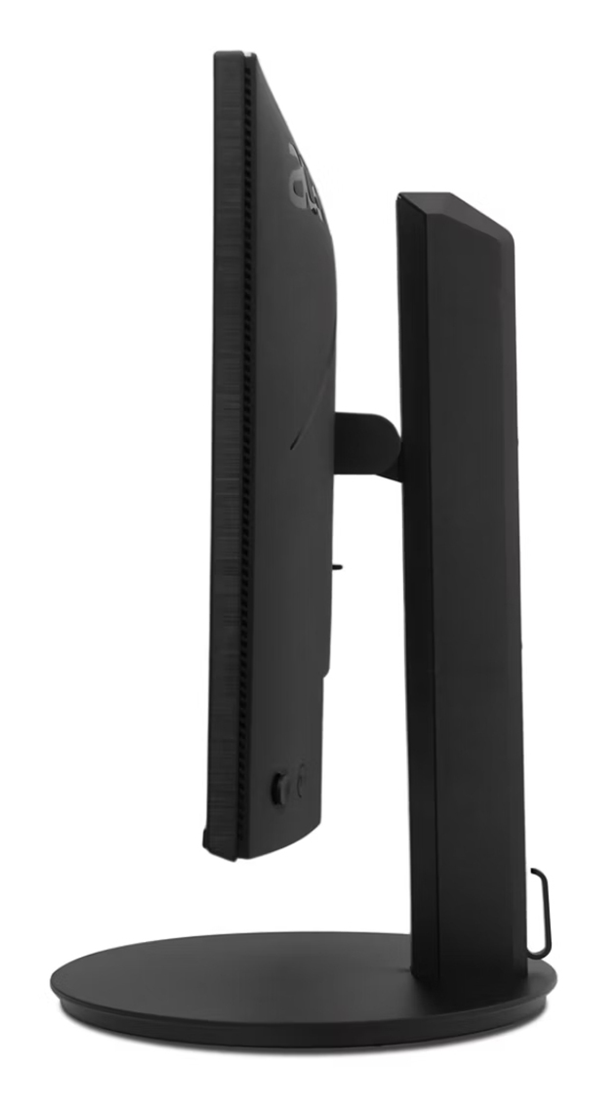 Czarny monitor komputerowy, widok z boku, z okrągłą podstawą i wysokim stojakiem. Ekran jest cienki.