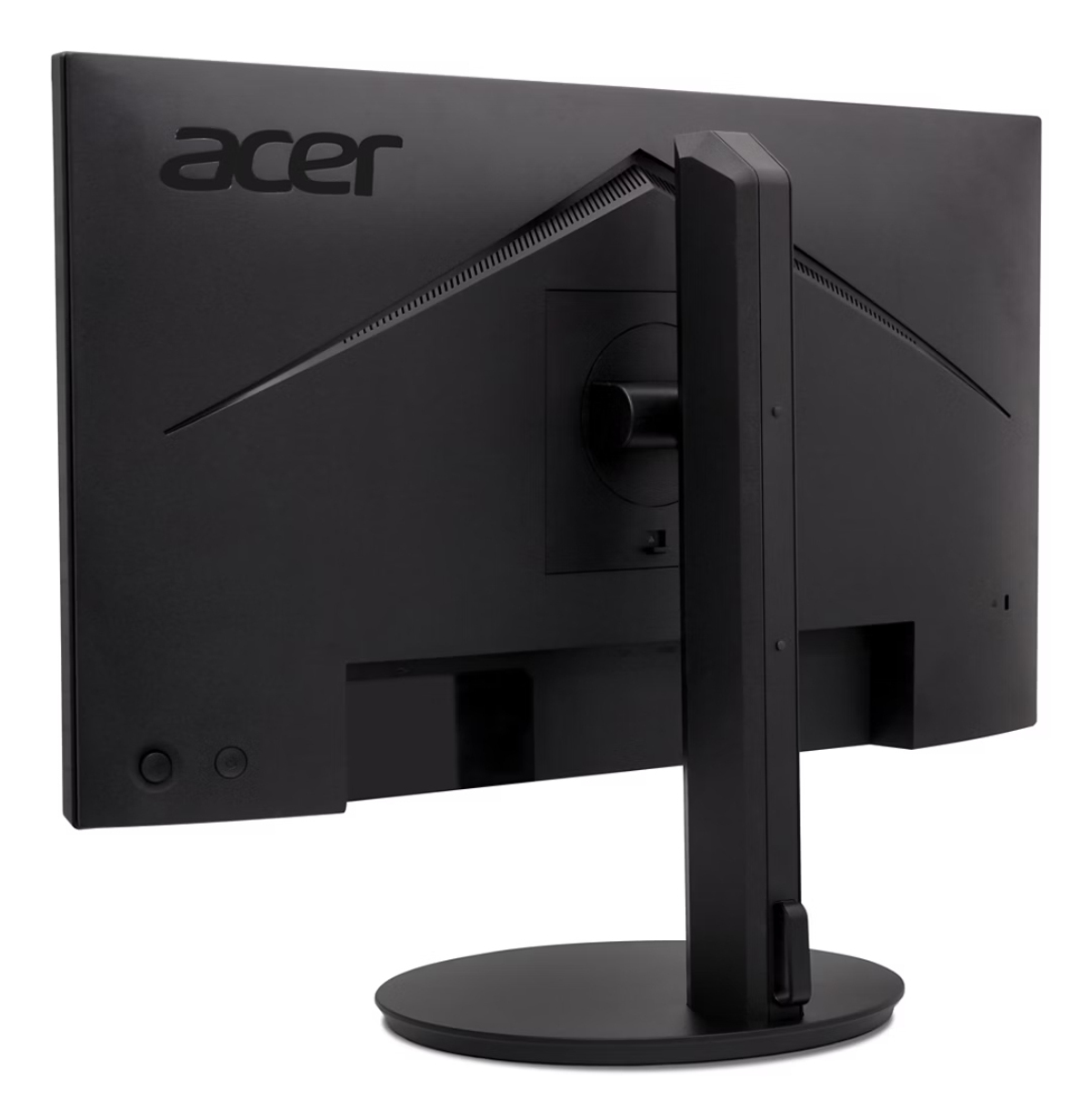 Widok z tyłu czarnego monitora Acer. Stojak jest przymocowany do okrągłej podstawy. Widoczne jest logo Acer.