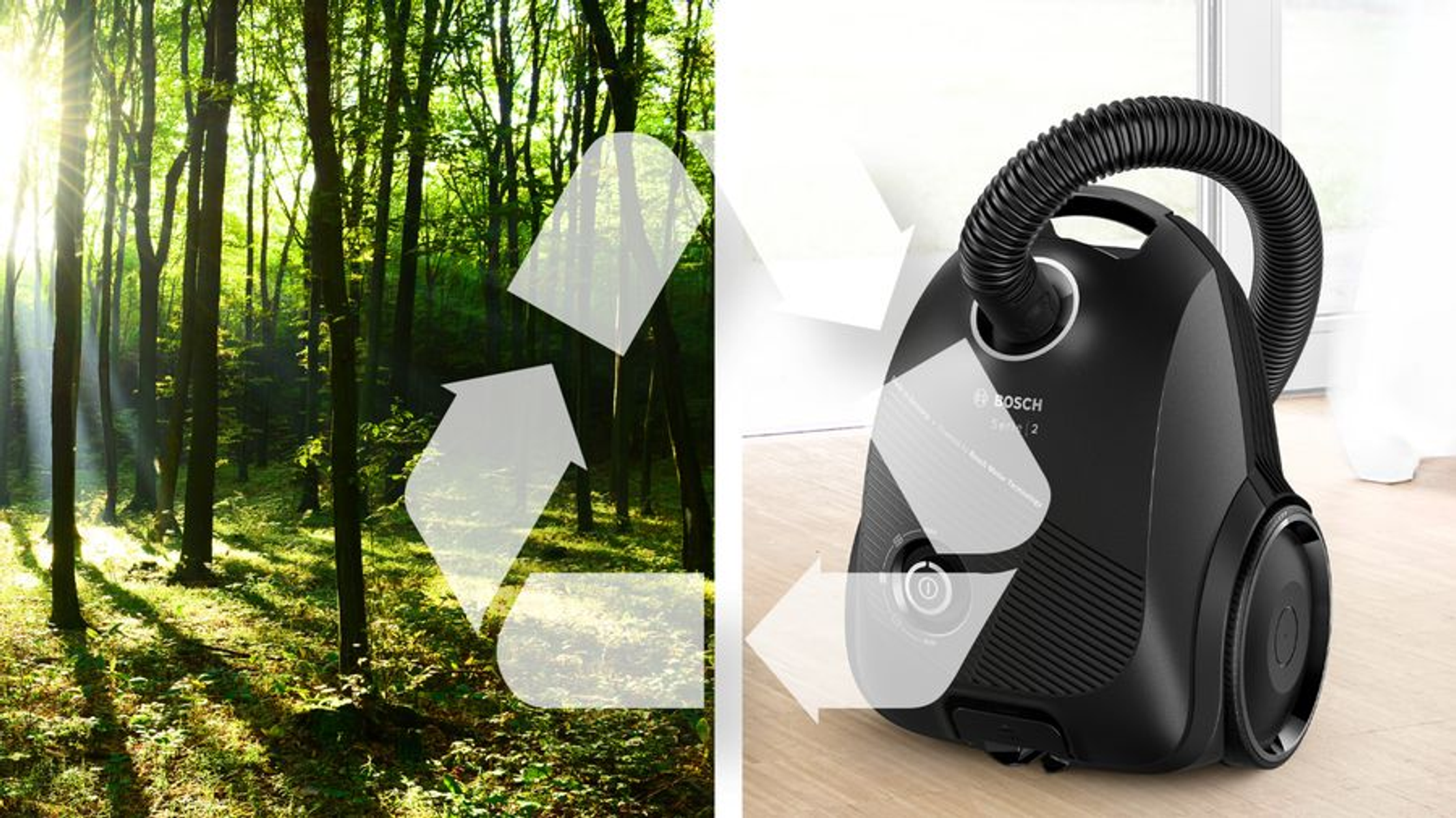 Obraz przedstawia koncepcję recyklingu: las po lewej, odkurzacz po prawej, połączone strzałkami recyklingu.