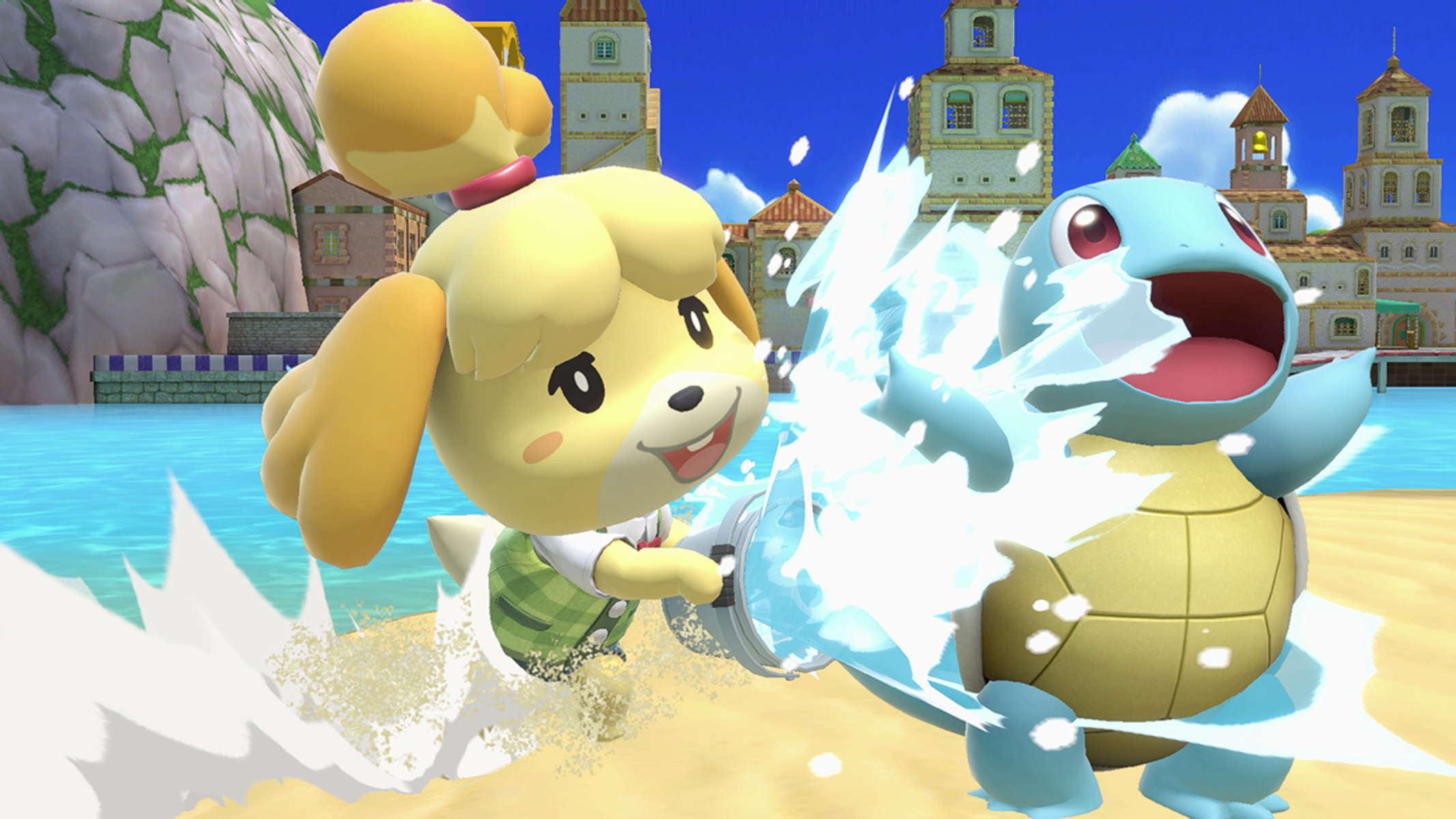 Isabelle attacca Squirtle con un getto d'acqua. Sono su una spiaggia con edifici sullo sfondo. Acqua e cielo blu.