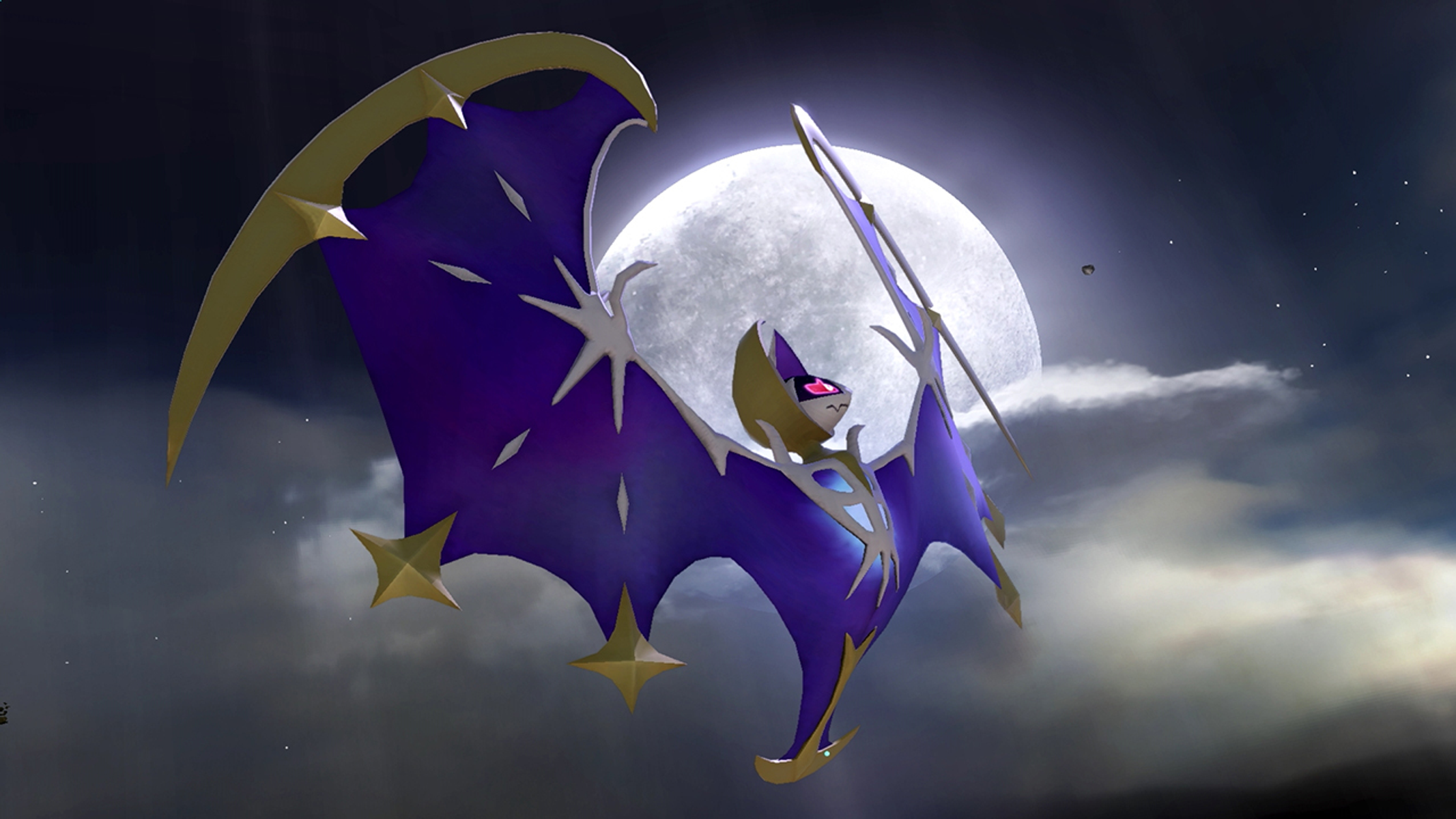 Una creatura viola e oro a forma di pipistrello con una luna sullo sfondo. Sono visibili delle stelle. La creatura ha una testa a forma di mezzaluna.