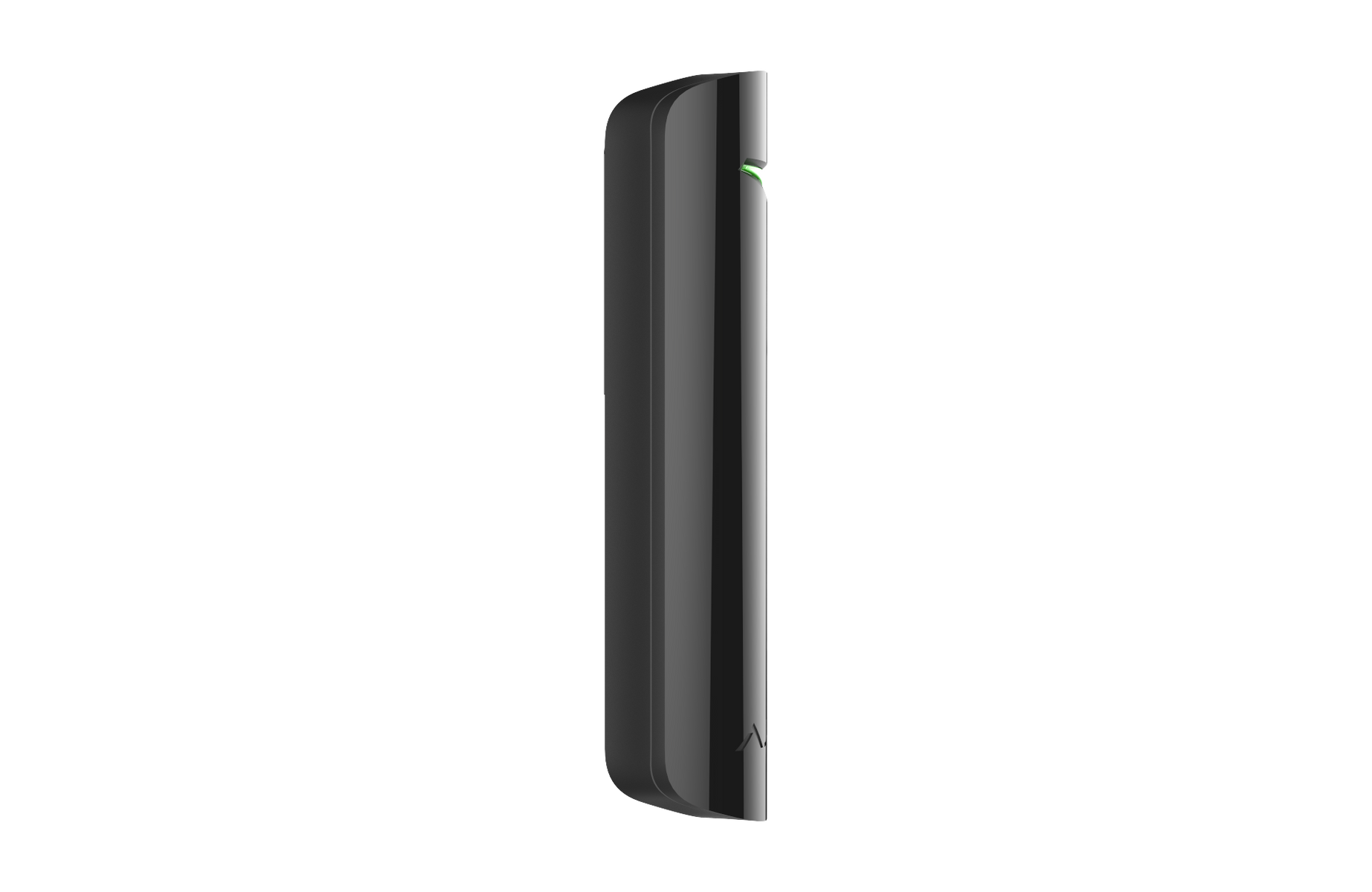 Un dispositivo rectangular gris vertical con bordes redondeados. Una pequeña luz verde es visible en la parte superior. El fondo es negro.