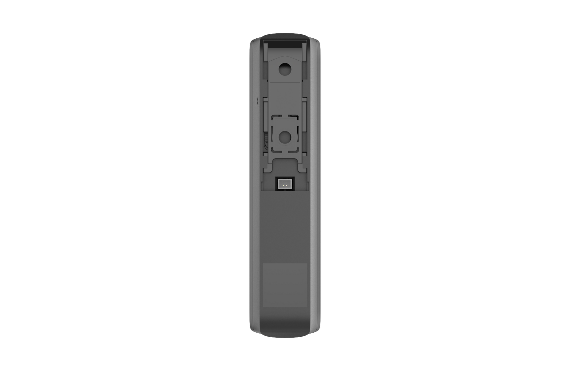 Dispositivo rectangular gris sobre fondo negro. Tiene una sección superior detallada con monturas y una sección inferior.