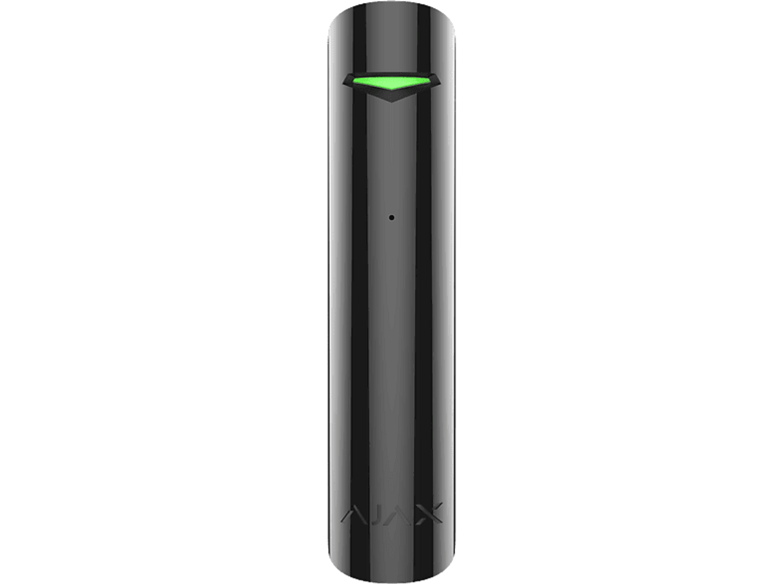 Un dispositivo cilíndrico negro brillante con una luz indicadora verde en la parte superior. La marca AJAX está en la parte inferior.