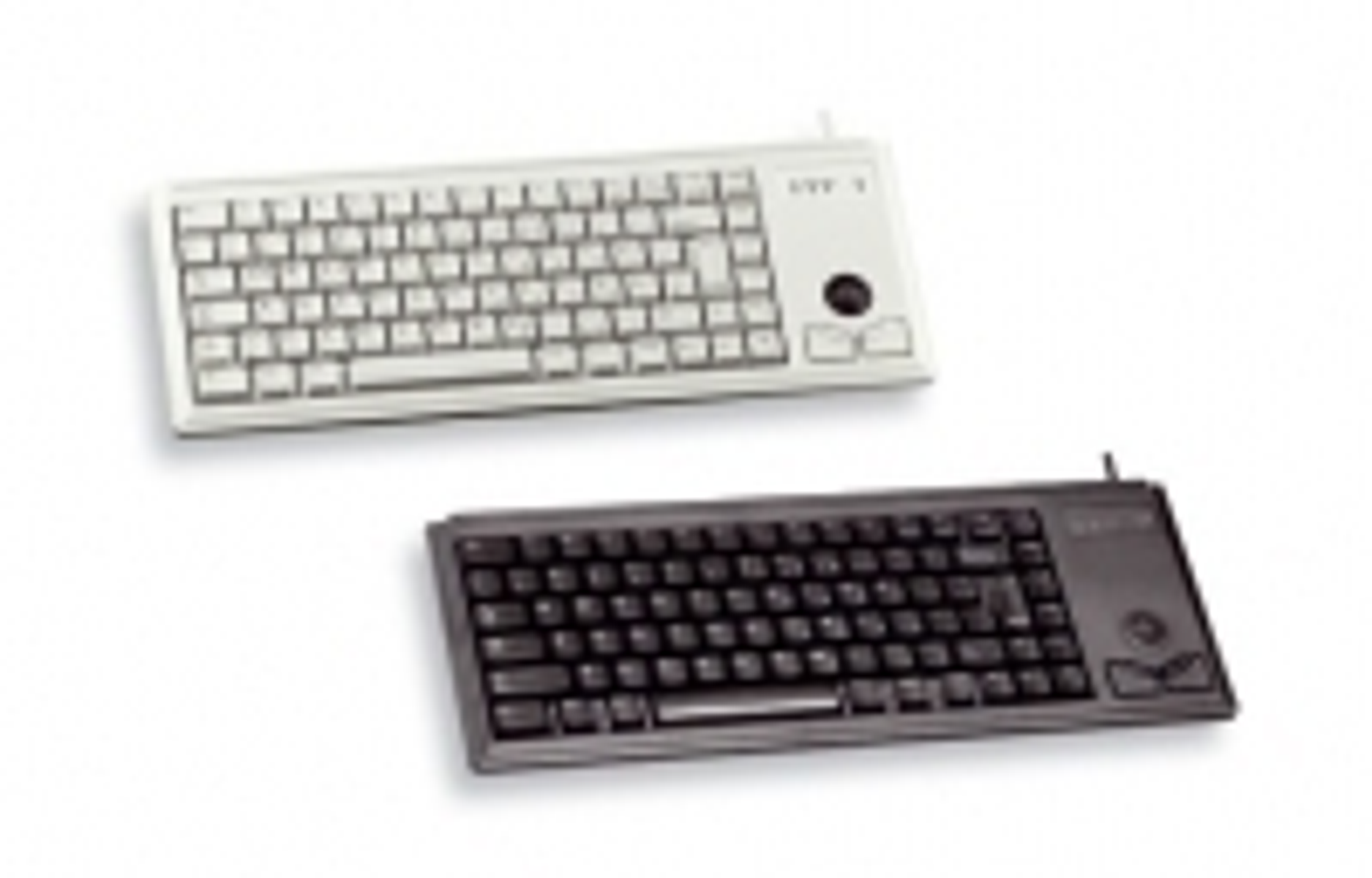 Due tastiere, una bianca e una nera, su sfondo bianco. Entrambe hanno un trackball e sono progettate per uso industriale.