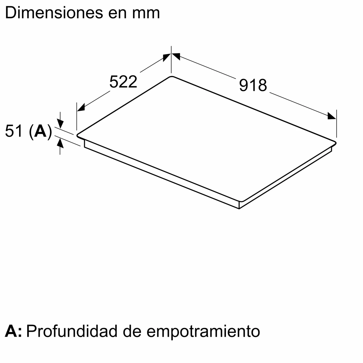 Diagram przedstawiający wymiary w mm prostokątnej powierzchni. Długość 918 mm, szerokość 522 mm, głębokość 51 mm. Tekst: A: Głębokość.