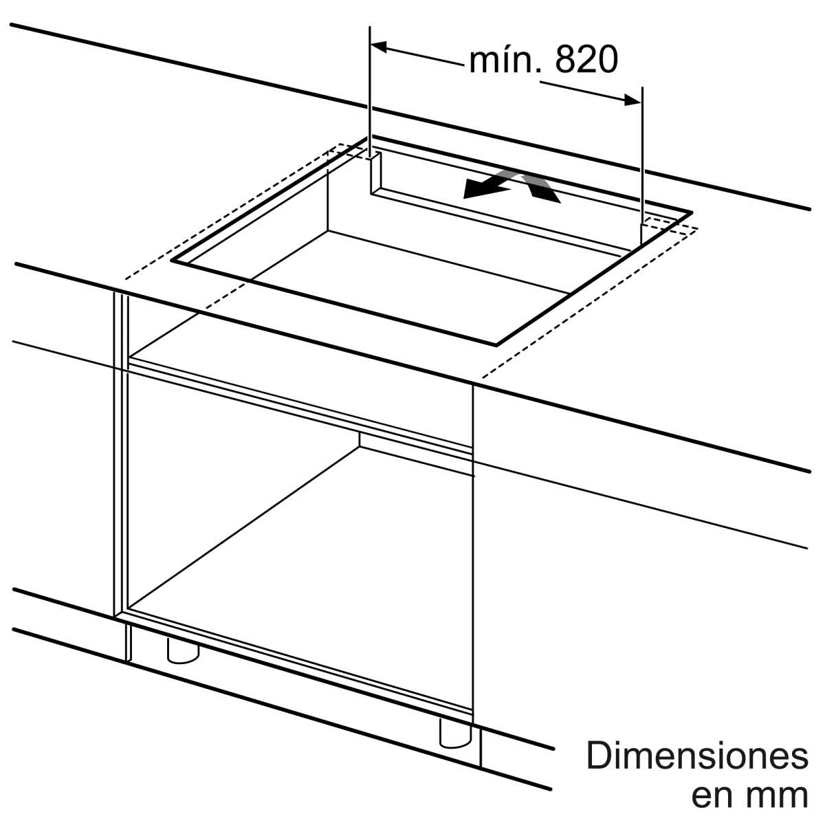 Schemat płyty grzewczej do zabudowy. Pokazuje wymiary, minimum 820 mm. Płyta jest prostokątem z przerywaną linią.