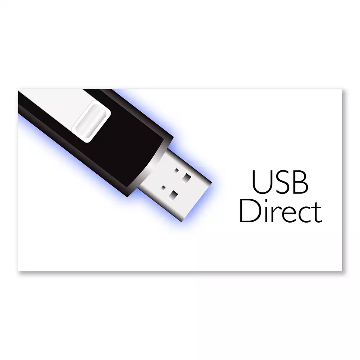 Een zwarte USB-stick met een wit label op een witte achtergrond. De tekst "USB Direct" staat naast de USB-stick.