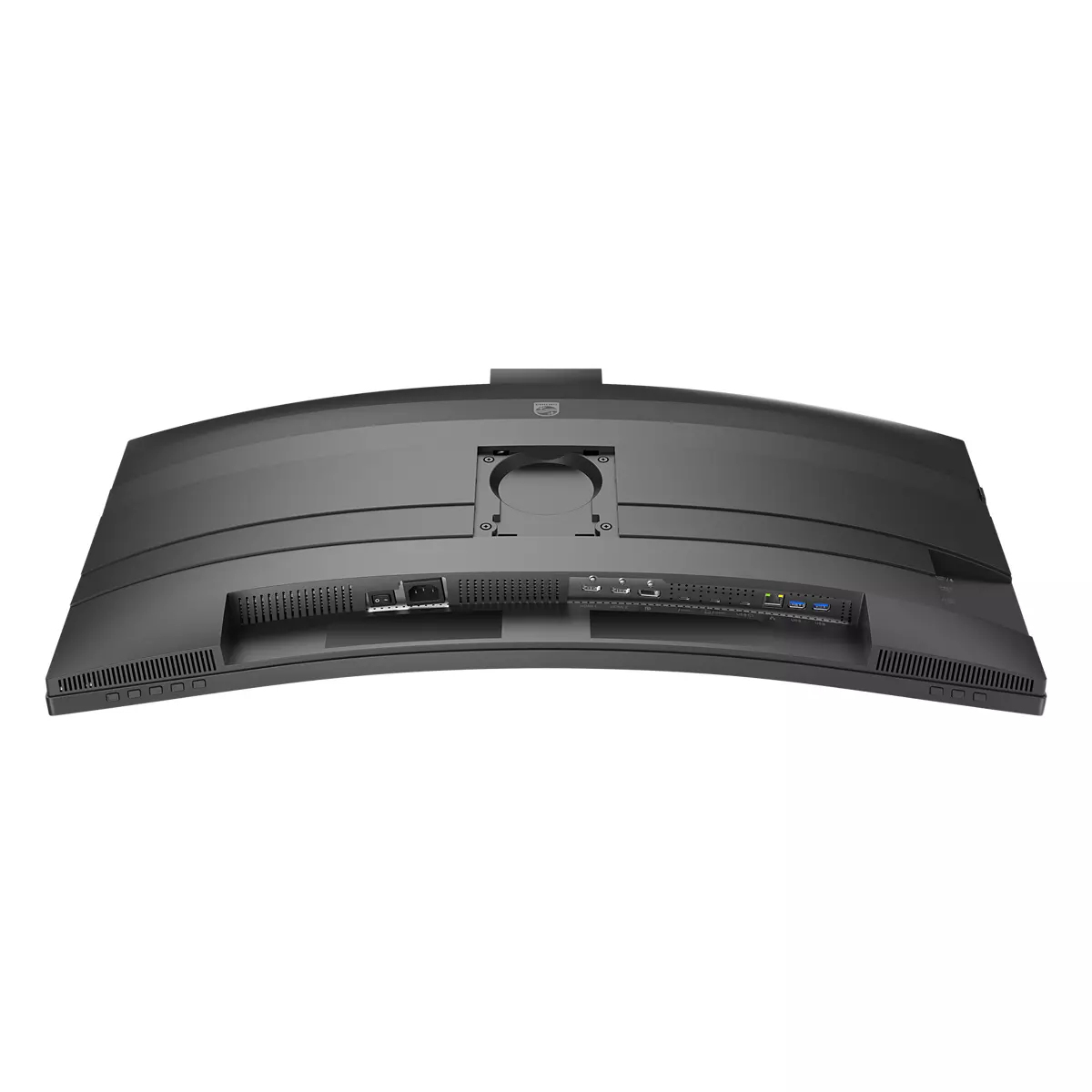 Widok z tyłu zakrzywionego czarnego monitora komputerowego. Posiada różne porty i złącze zasilania. Tło jest białe.