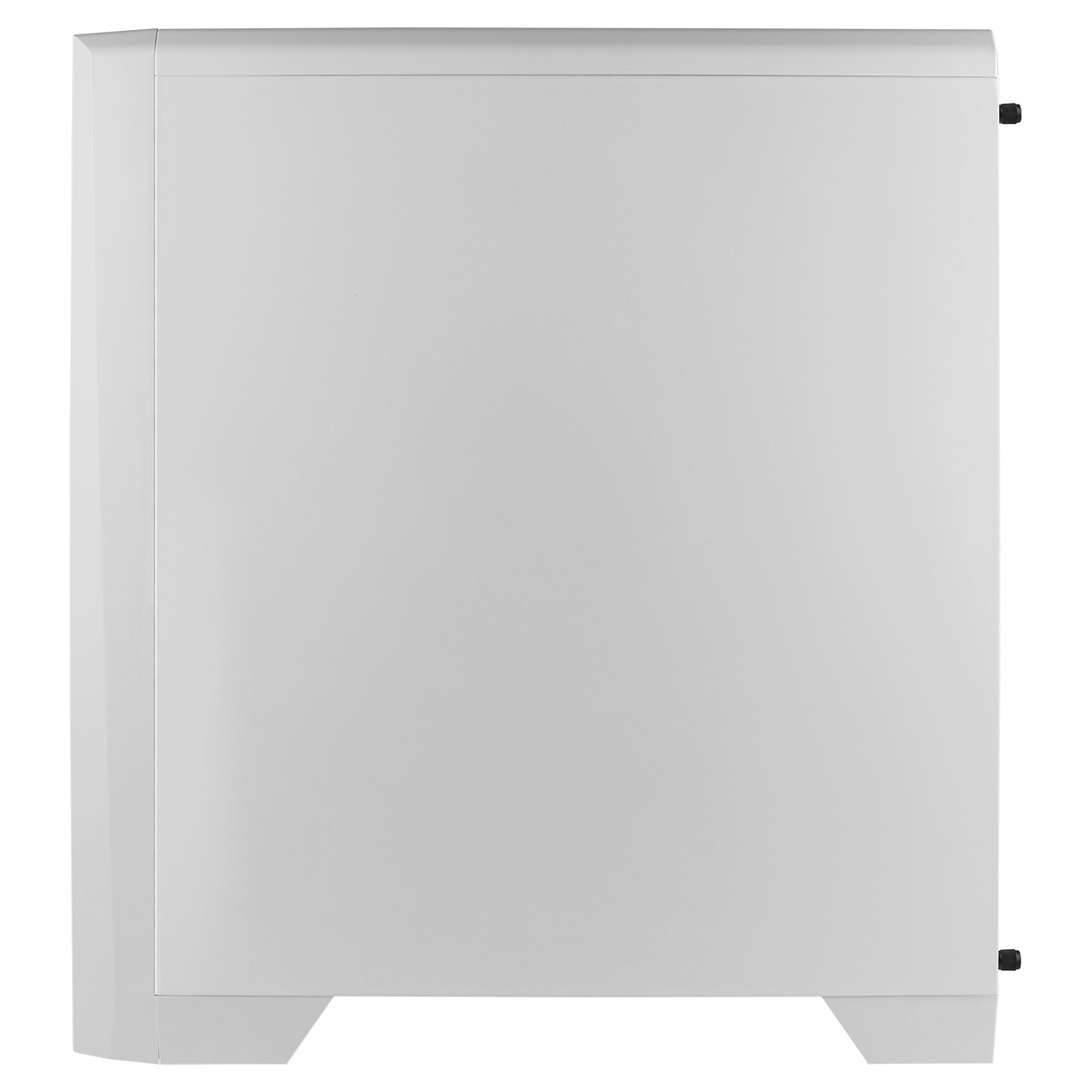 Biała obudowa komputera jest pokazana z boku. Ma gładką powierzchnię ze szklanym panelem i czarnym osprzętem.