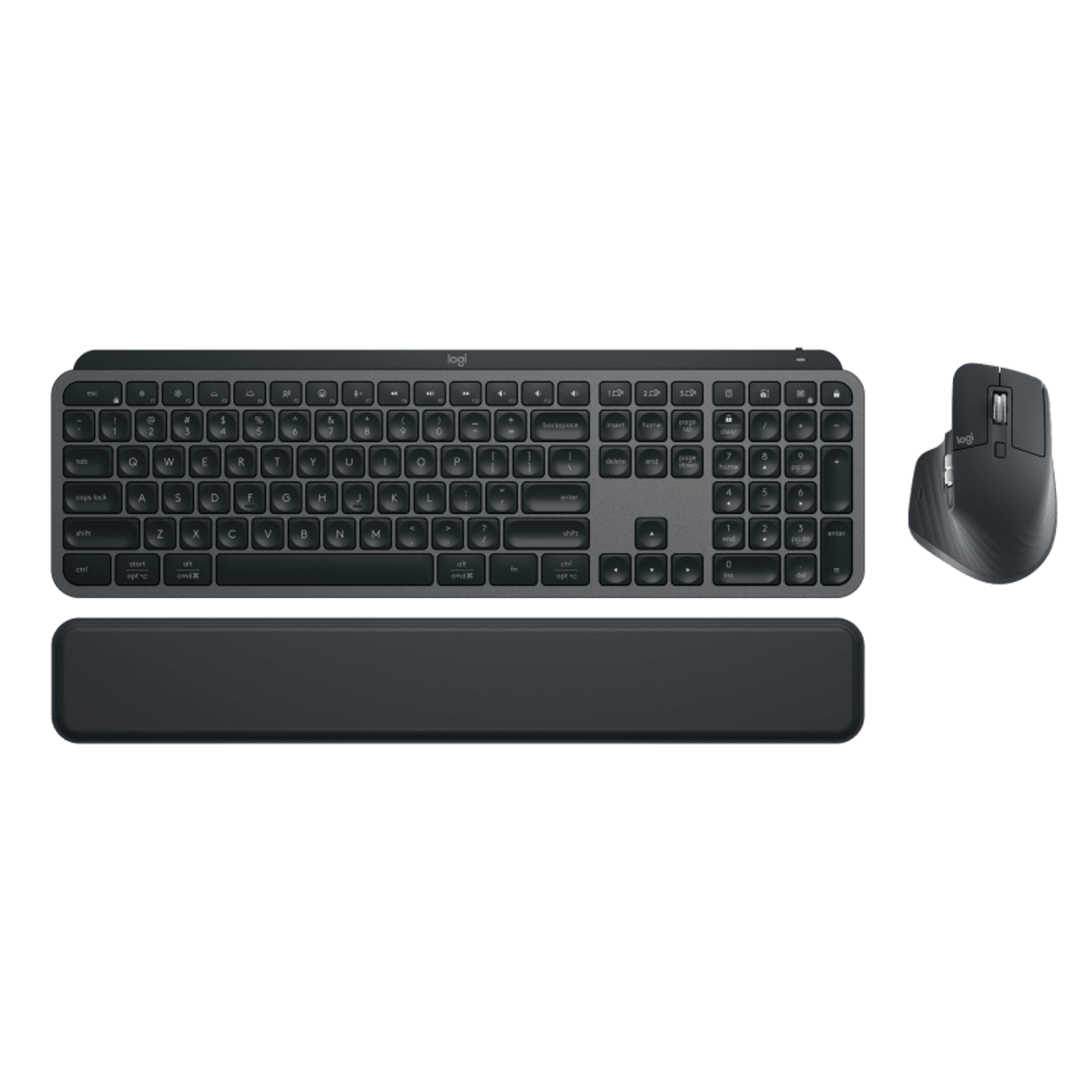 Ciemnoszara klawiatura, podpórka pod nadgarstek i mysz na czarnym tle. Klawiatura ma klawiaturę numeryczną i logo Logitech.