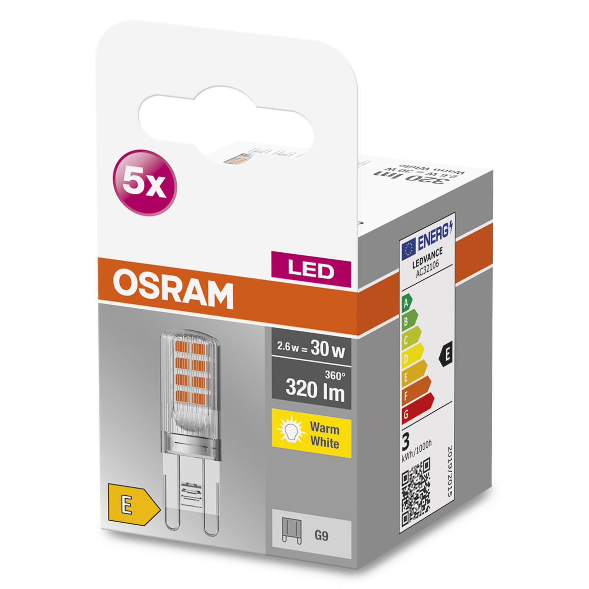 Un emballage d'ampoules LED OSRAM est affiché. Il comprend une étiquette d'efficacité énergétique et l'ampoule elle-même.