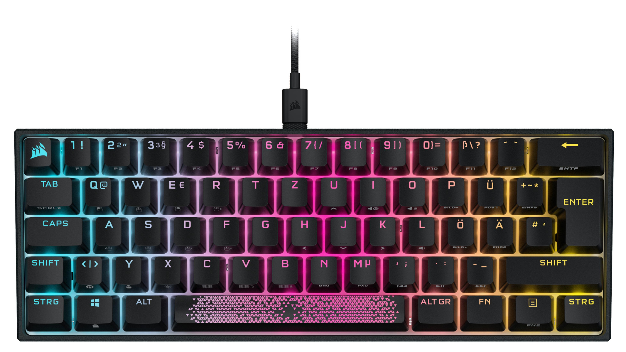 Eine schwarze Corsair K65 RGB Mini-Tastatur mit Hintergrundbeleuchtung. Die Tastenkappen haben weiße Buchstaben und Symbole.