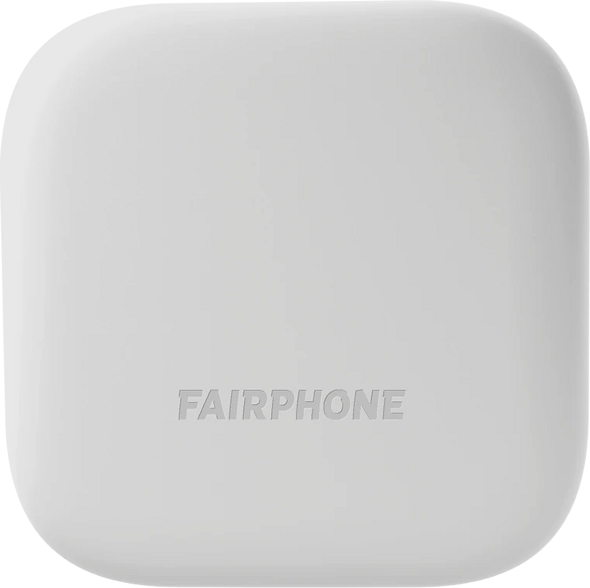 Ein weißes, abgerundetes quadratisches Objekt mit dem geprägten Wort 'FAIRPHONE' auf der Oberfläche.
