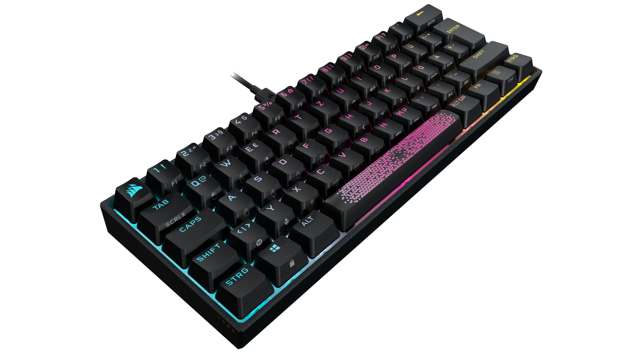 Eine schwarze Tastatur mit farbigen Tasten. Die Tasten haben weiße Buchstaben und Symbole. Es ist auf weißem Hintergrund.