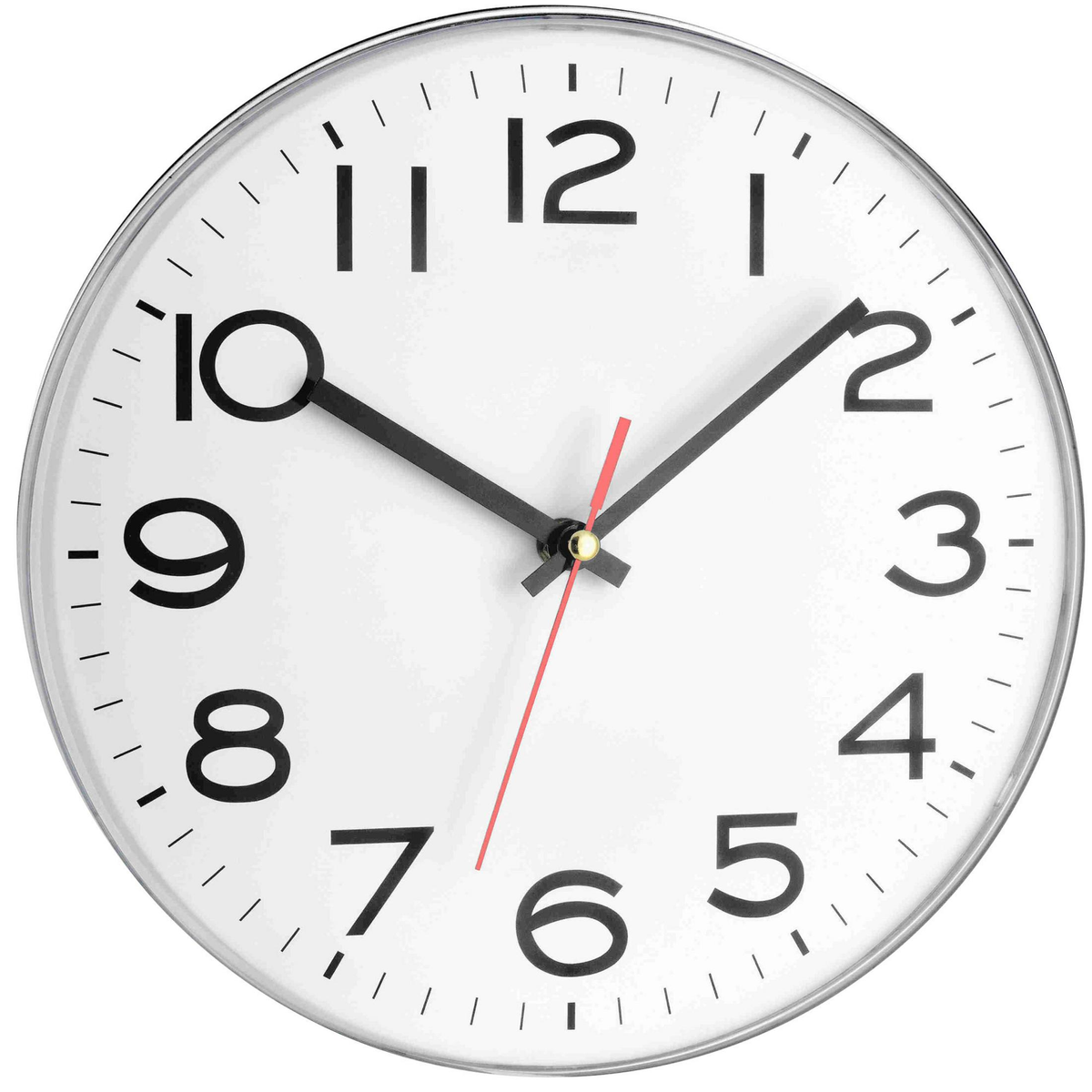 Eine runde Uhr mit weißem Zifferblatt. Schwarze Zahlen und Zeiger zeigen die Uhrzeit. Ein roter Sekundenzeiger zeigt auf die 2.