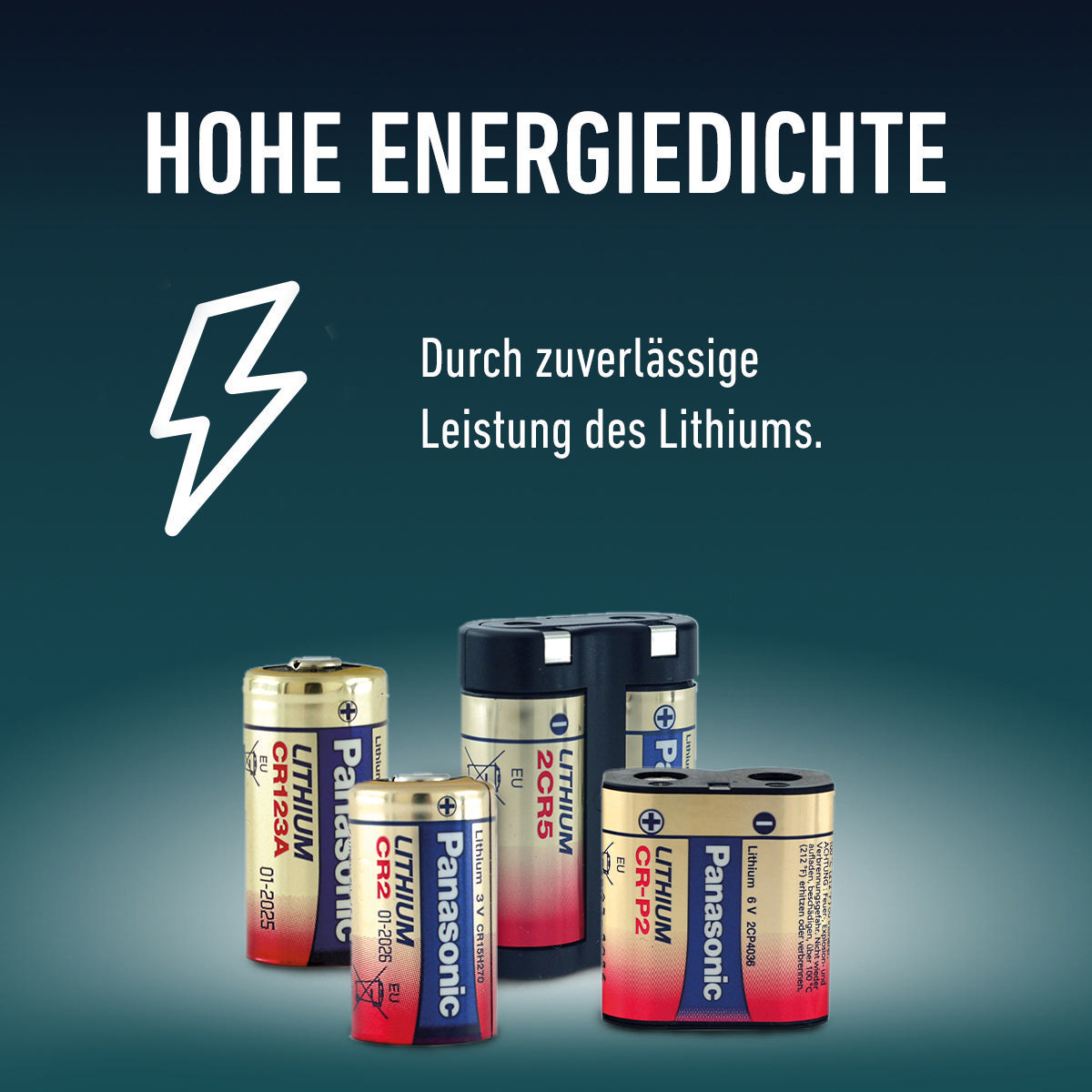 Obraz przedstawia cztery baterie litowe Panasonic w różnych rozmiarach. Niemiecki tekst mówi: „Wysoka gęstość energii” i „Niezawodna moc litu”.
