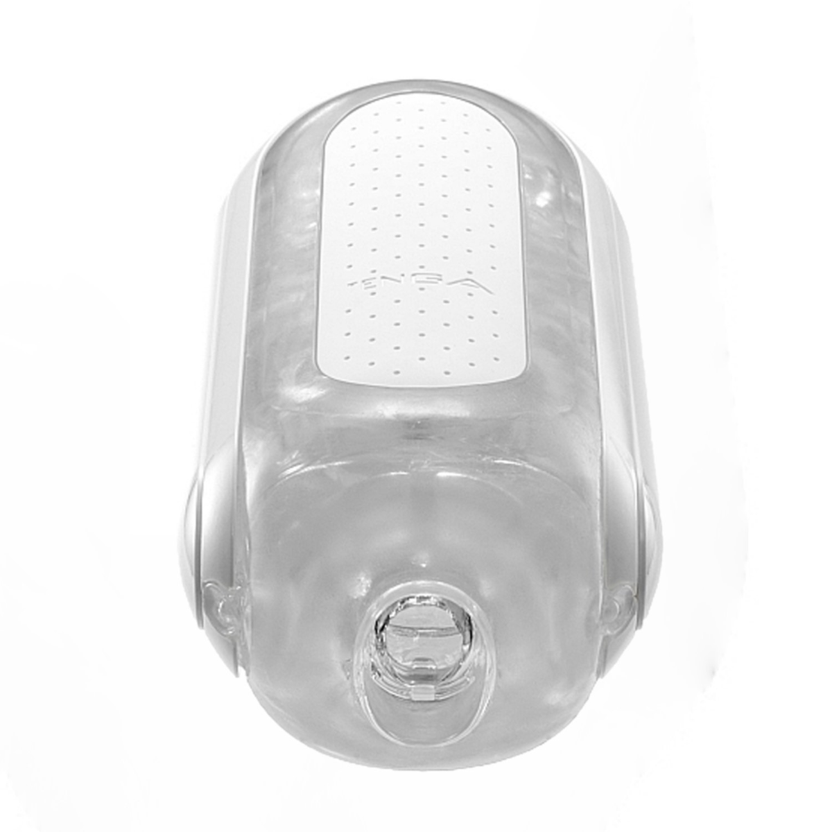 Przezroczyste, cylindryczne urządzenie z białym, kropkowanym panelem na górze. Zaokrąglony koniec ma okrągły otwór. Tło jest białe.
